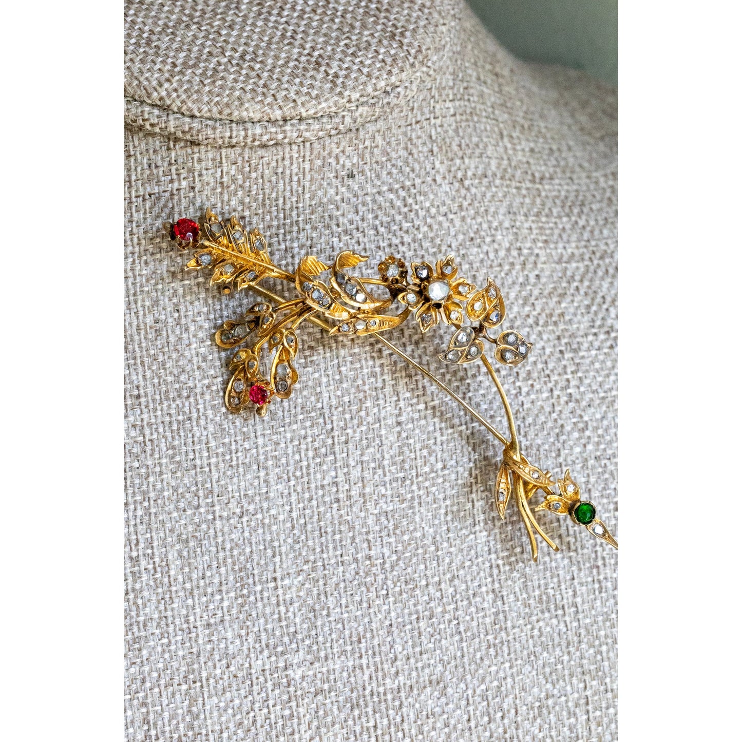 Antique 8-9K Yellow Gold Large Arrow and Floral Diamond Set Brooch
