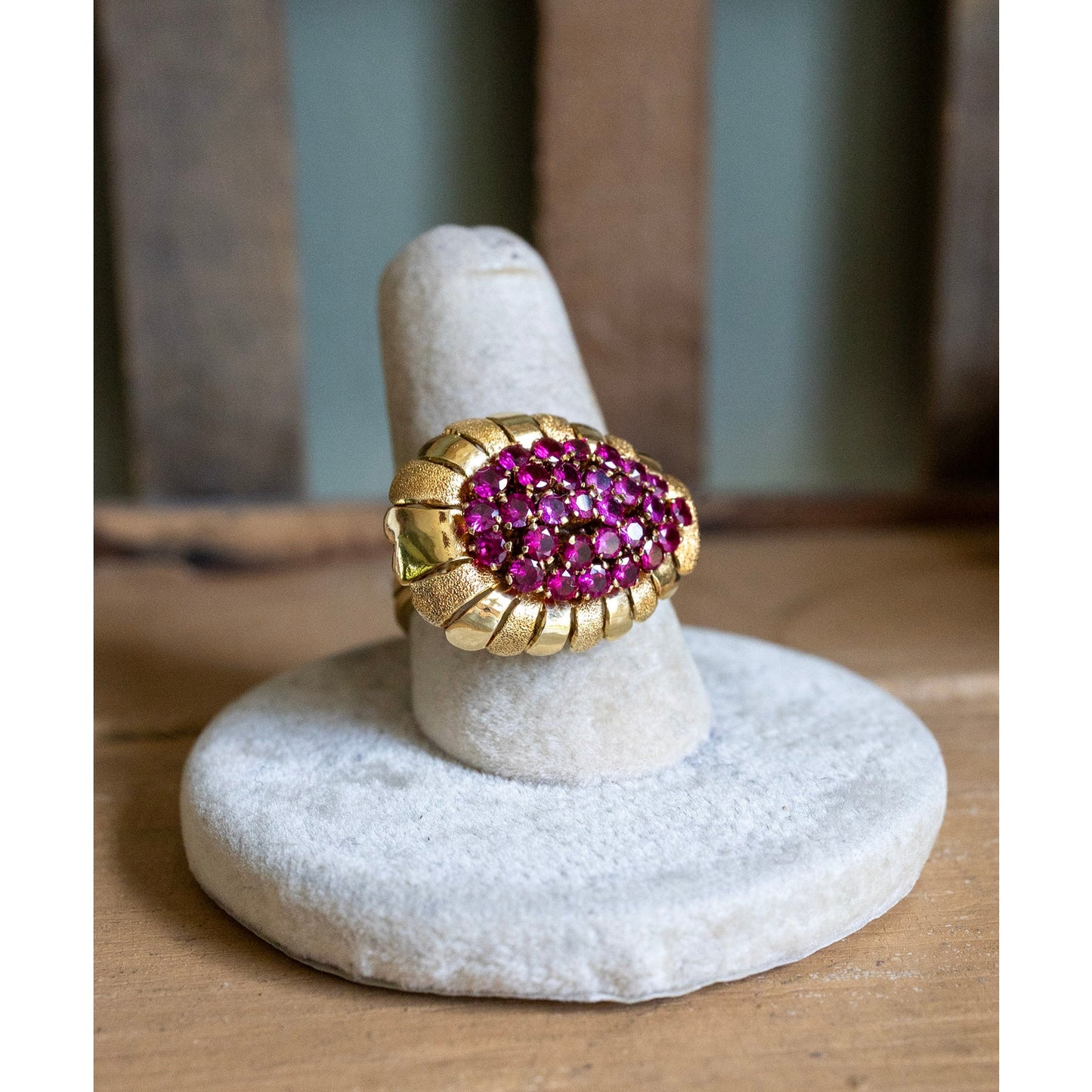 Mid Century 1950's 18K Yellow Gold Ruby Set Cocktail Ring