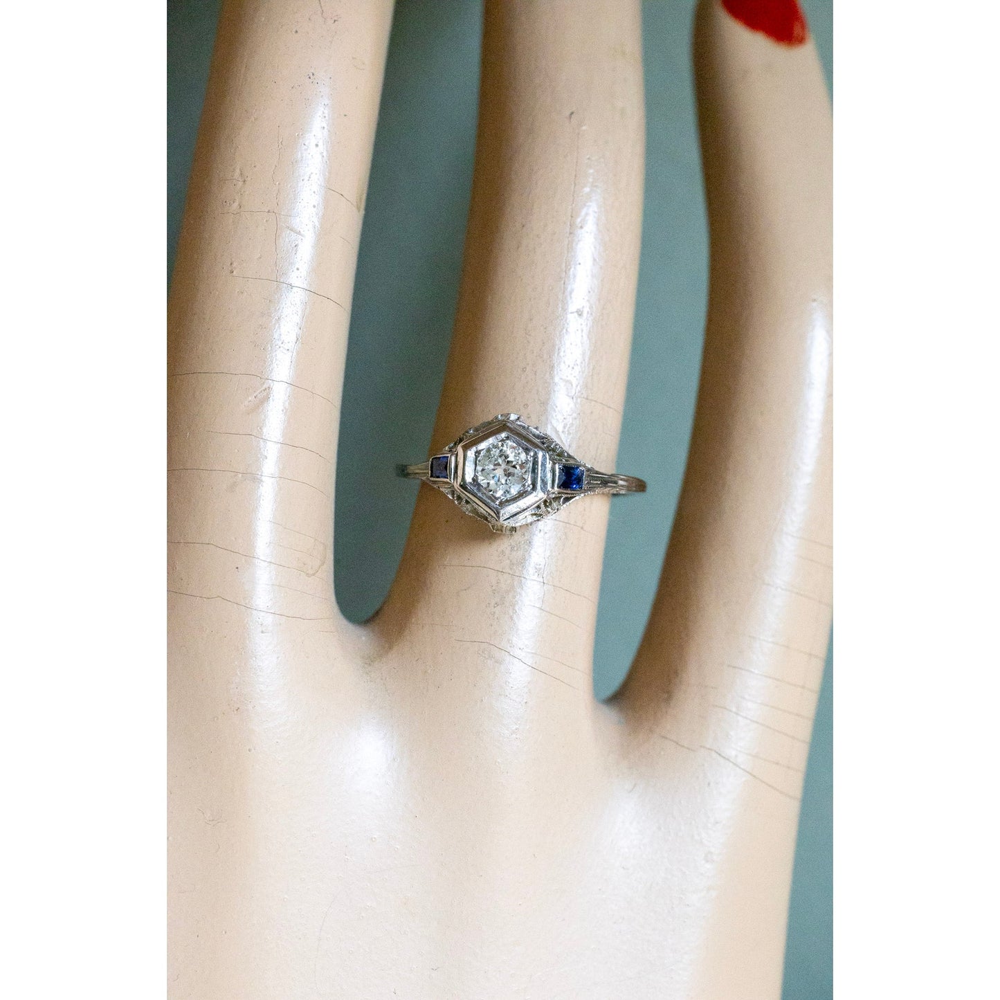 1930-1940's Art Deco 18K White Gold Old European Cut Diamond and Sapphire Filigree Ring