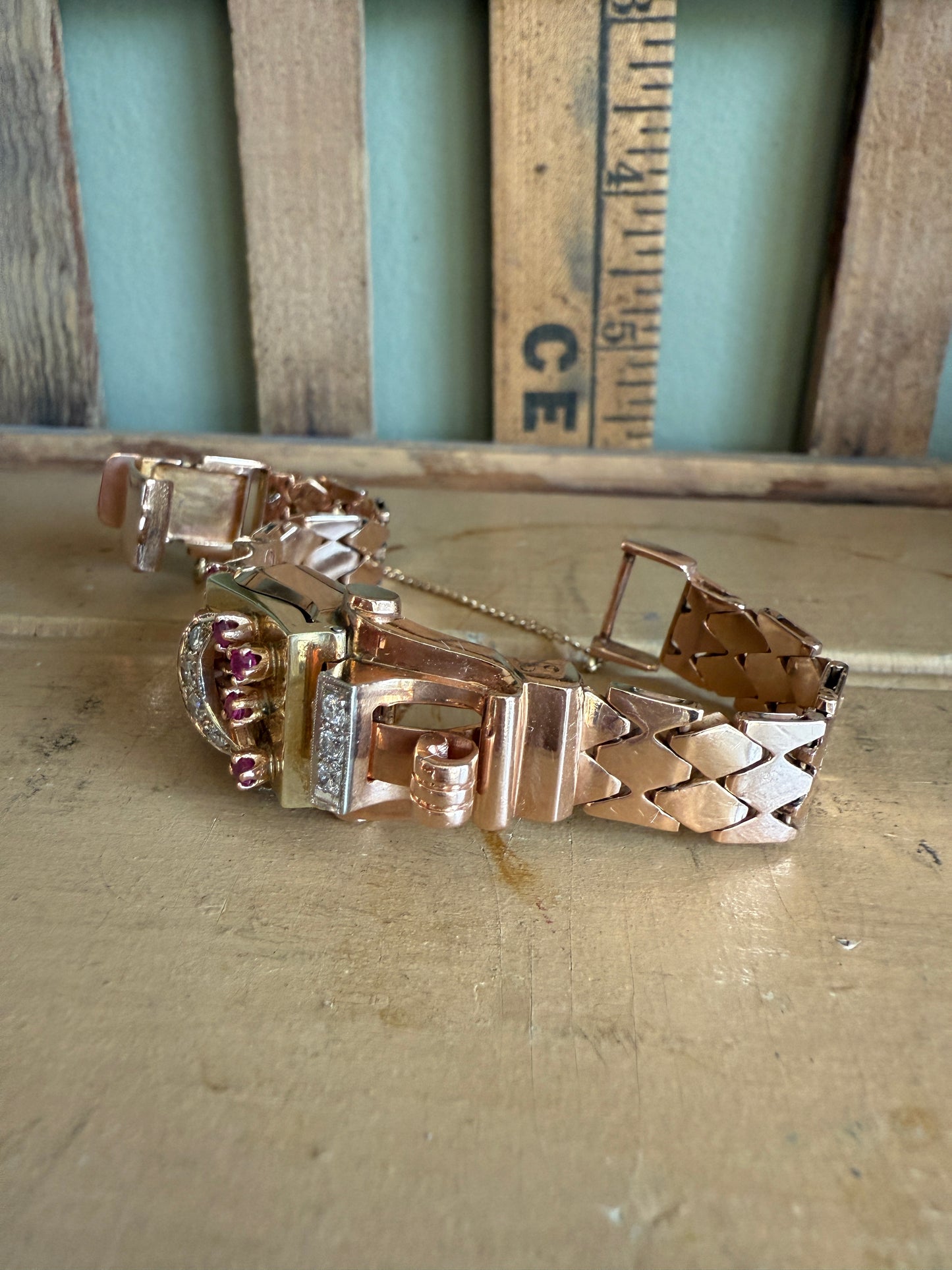 Vintage 1930’s 14K Rose, Green and White Gold Art Deco Ruby and Diamond Surprise Watch