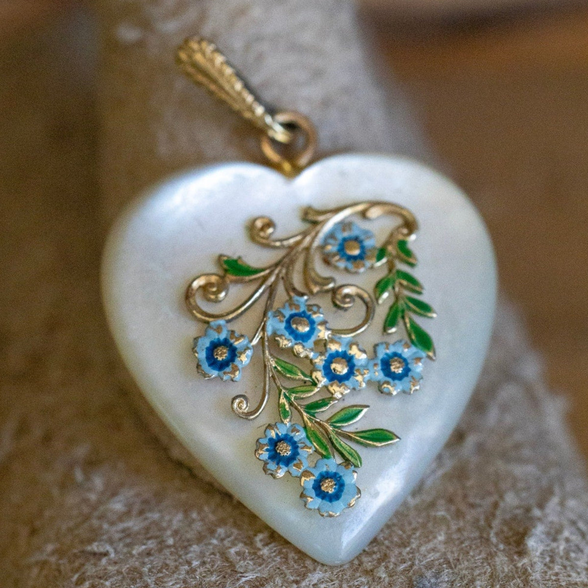Vintage Mother of Pearl Heart Pendant with Blue Enamel Flowers