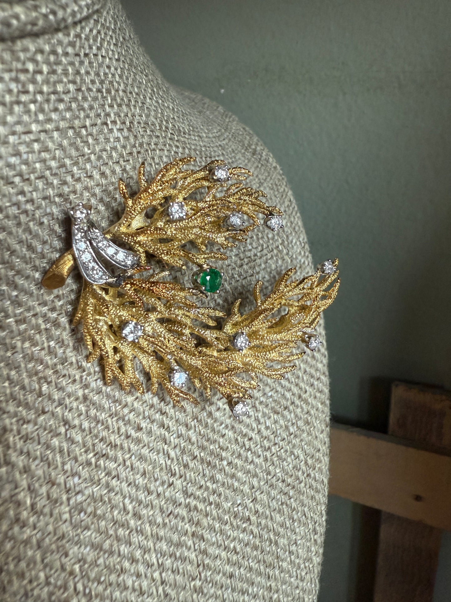 C1960 18K Yellow and White Gold Diamond and Emerald Spray Brooch by Arnold & Steere Co.