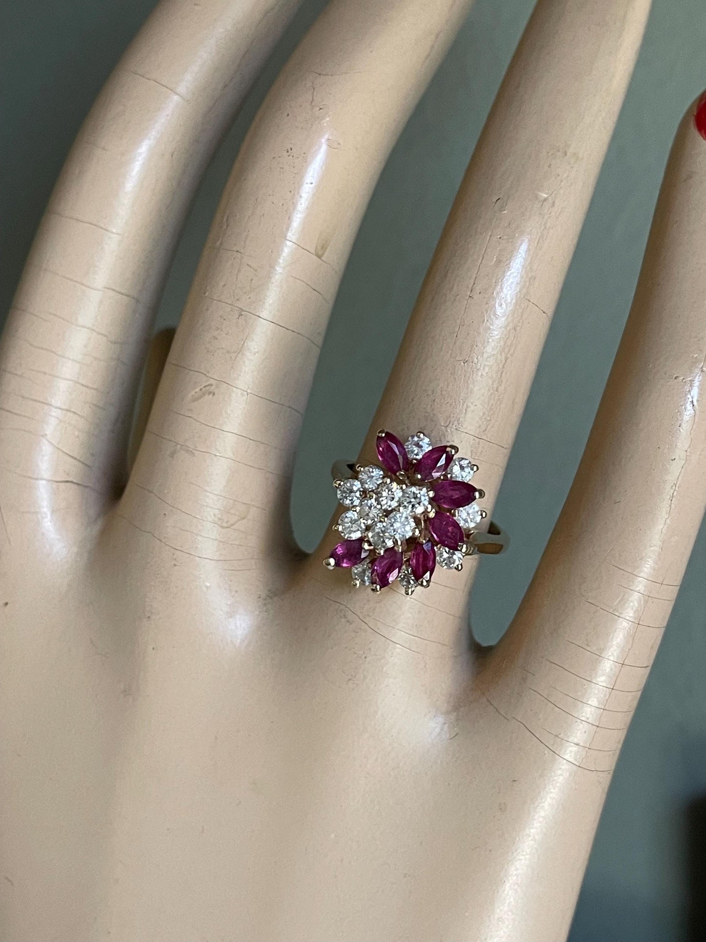 A 14K Yellow Gold Vintage Ring Featuring Natural Ruby and Diamond Spray