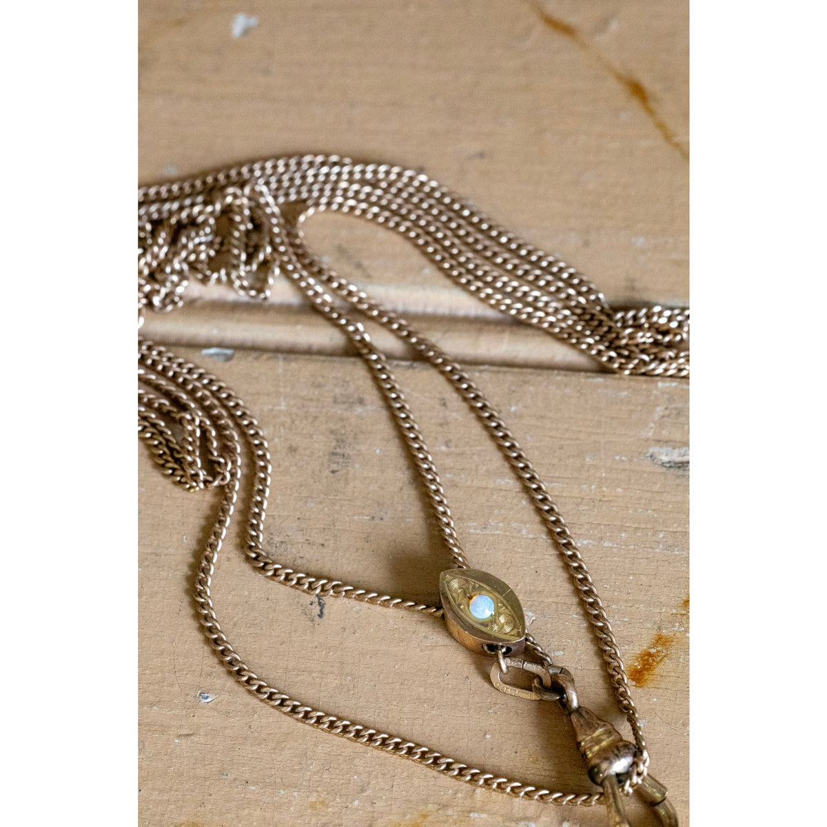 Victorian Long Gold Filled Opal Set Slide Watch Chain