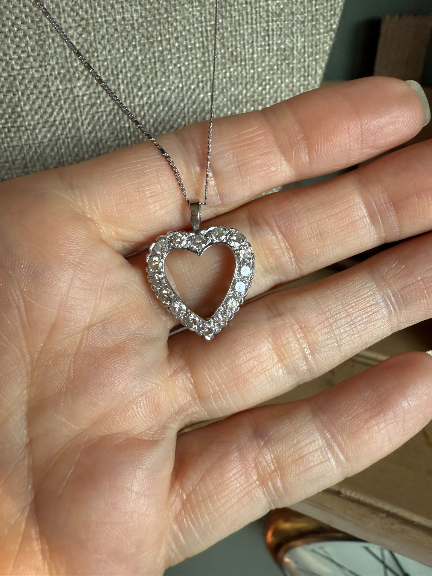 1950's Vintage 10K White Gold Diamond Set Heart Pendant on 10K White Gold Chain