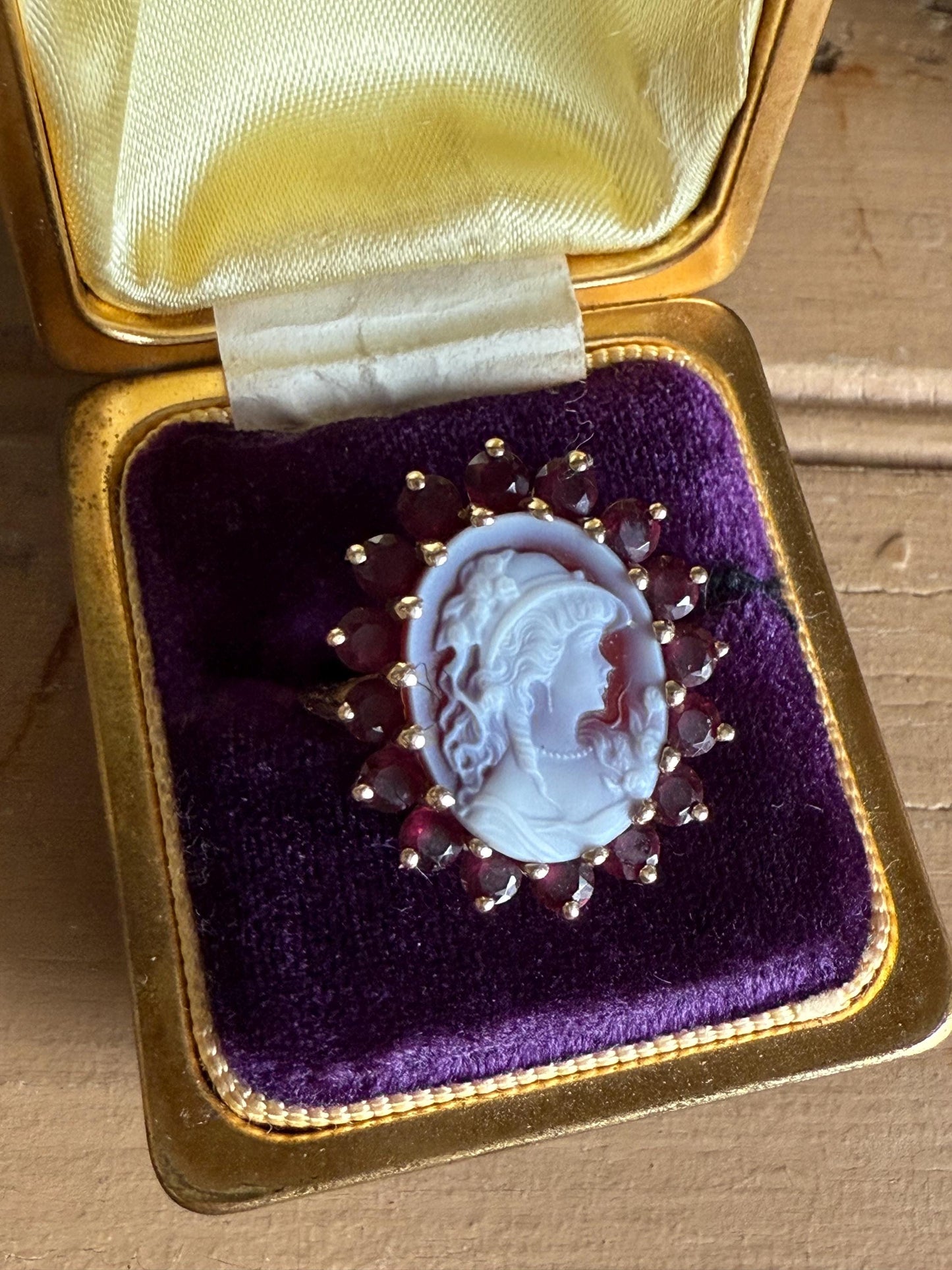 Vintage 14K Yellow Gold Carved Shell Cameo with Pink Tourmaline Halo Ring