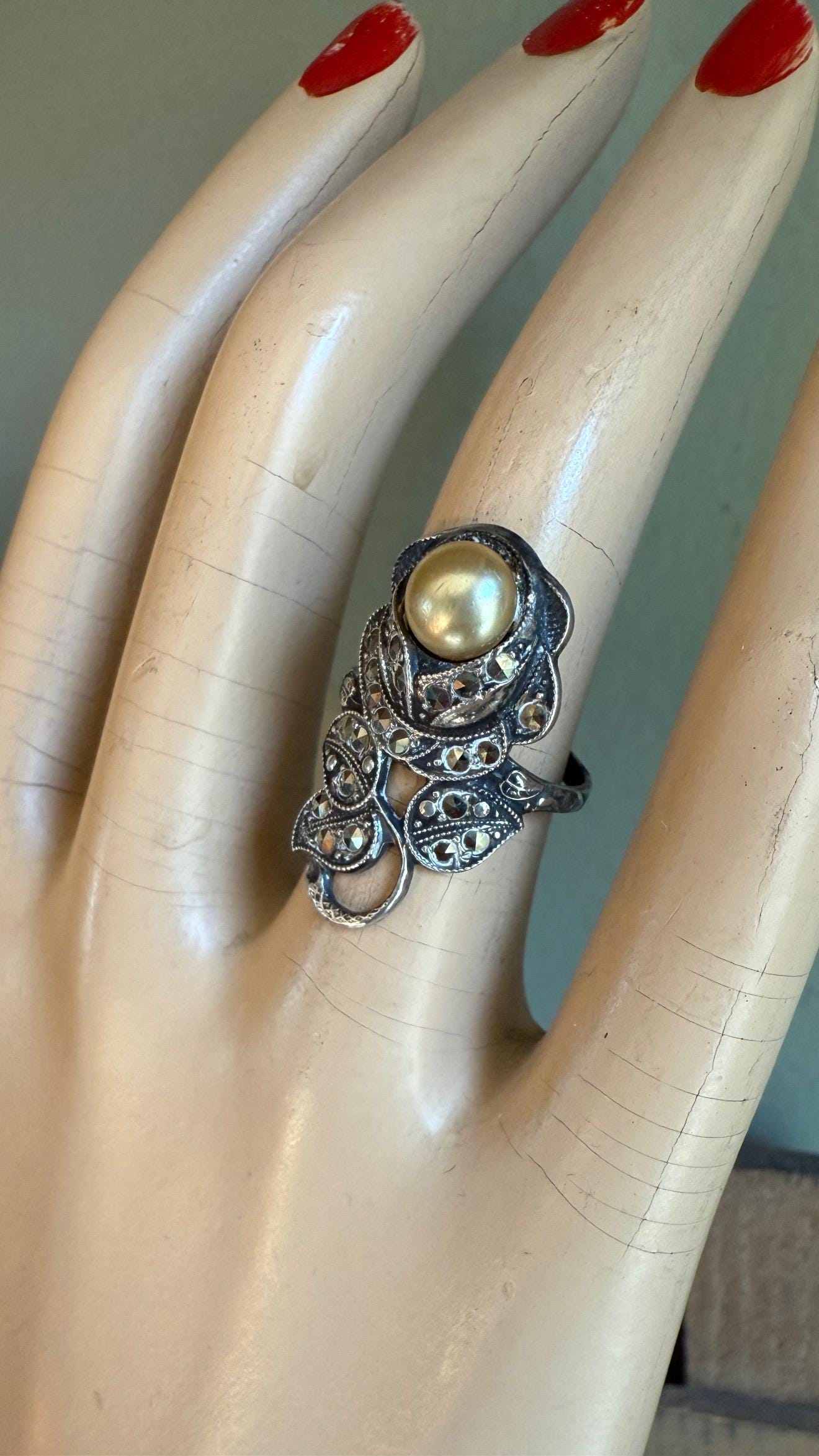 Sterling Silver c1920-1930 Art Deco Marcasite Pearl Rose Ring