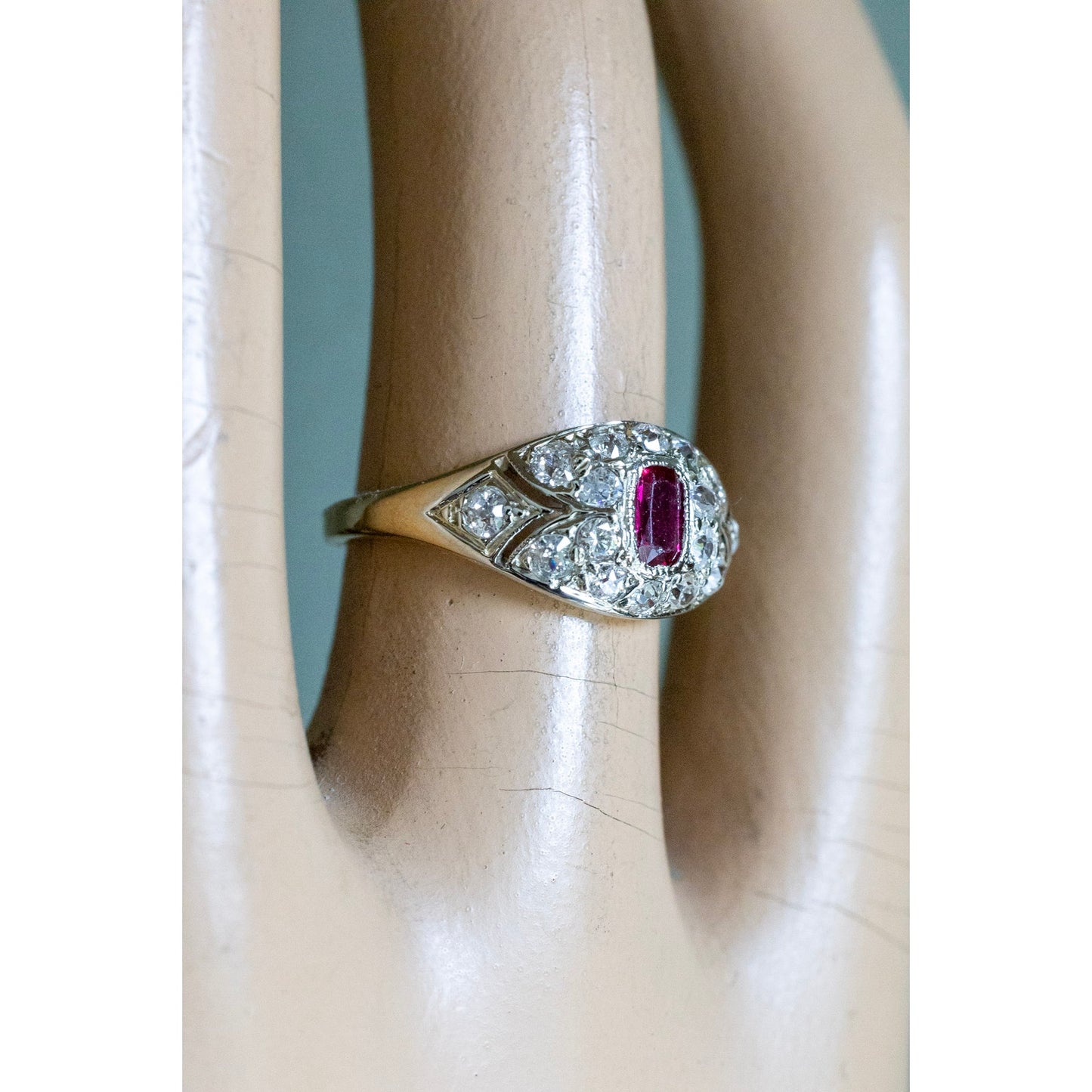 Antique 18K Gold Old Mine Old European Cut Diamonds and Ruby Ring