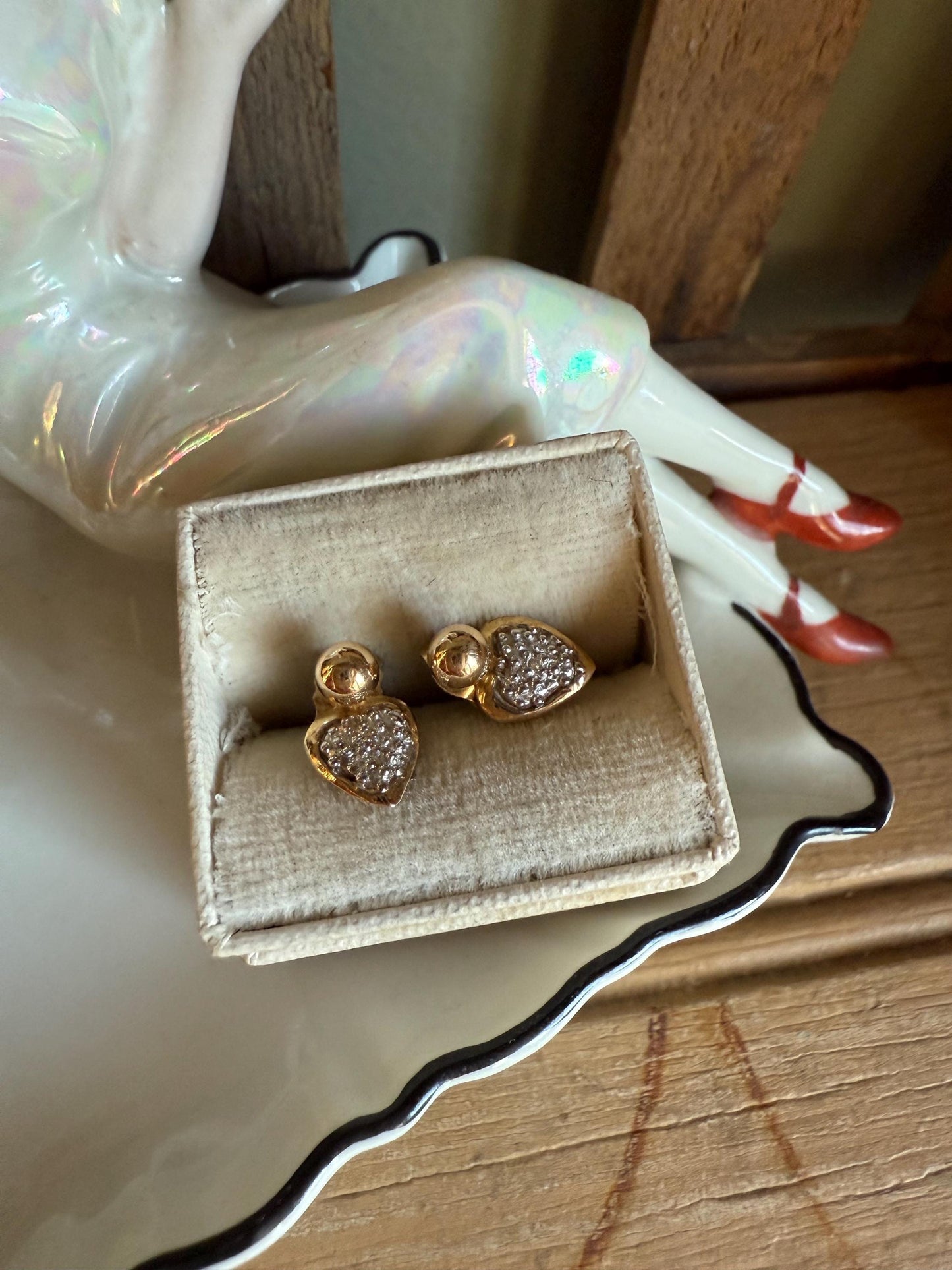 Vintage 14K Yellow and White Gold Stud Earrings with REmovable Diamond Set Heart Dangles