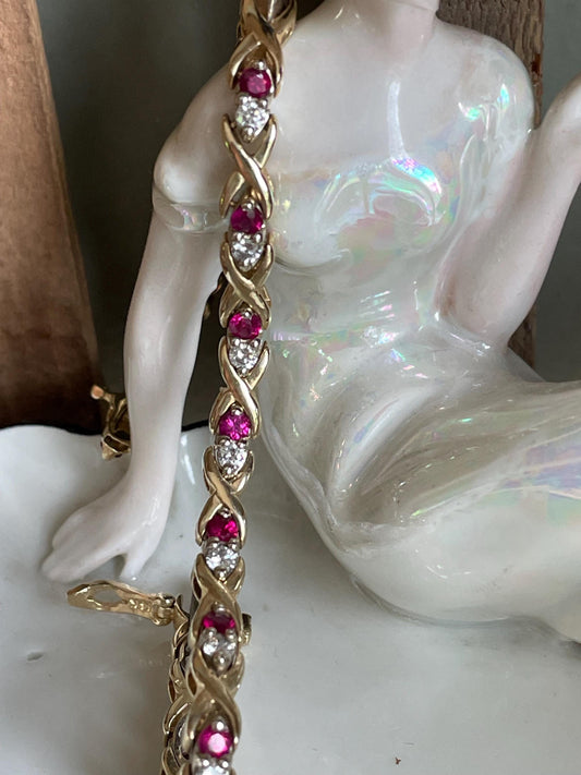 Solid 14K Yellow and White Gold Vintage Ruby and Diamond Link Bracelet