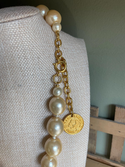 Vintage 1980's Karl Lagerfeld Glass Pearl and Gold Plated Coin Necklace