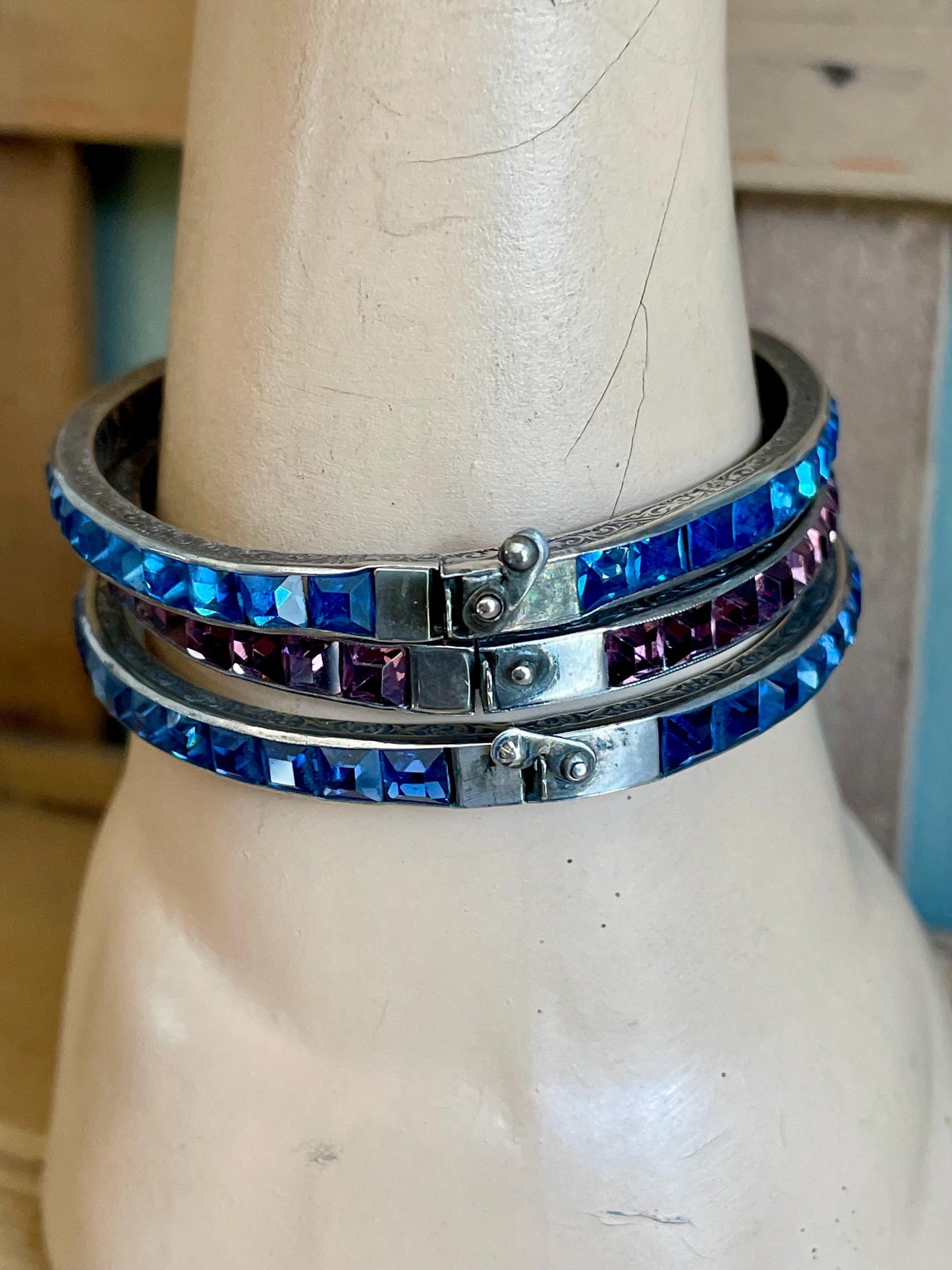 Art Deco Sterling Silver Bracelet Bangle: Ceylon Blue & Rose Cut Glass