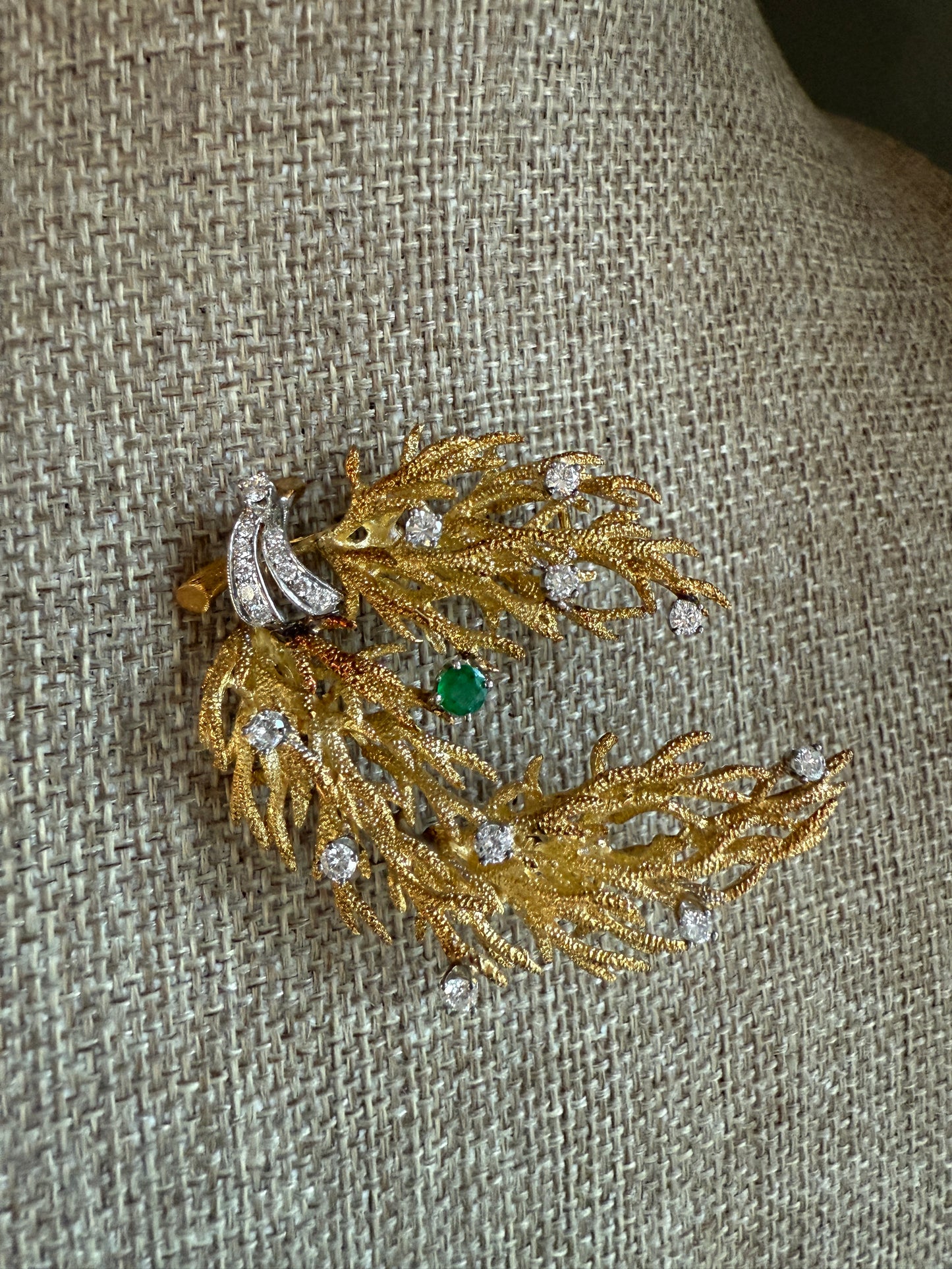 C1960 18K Yellow and White Gold Diamond and Emerald Spray Brooch by Arnold & Steere Co.