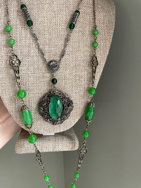 Pick A Turn of the 20th Century Edwardian Czechoslovakian Green Glass Dangle Necklace