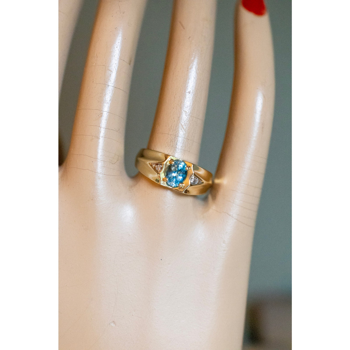 Vintage 14K Yellow Gold Oval Blue Topaz and Diamond Ring
