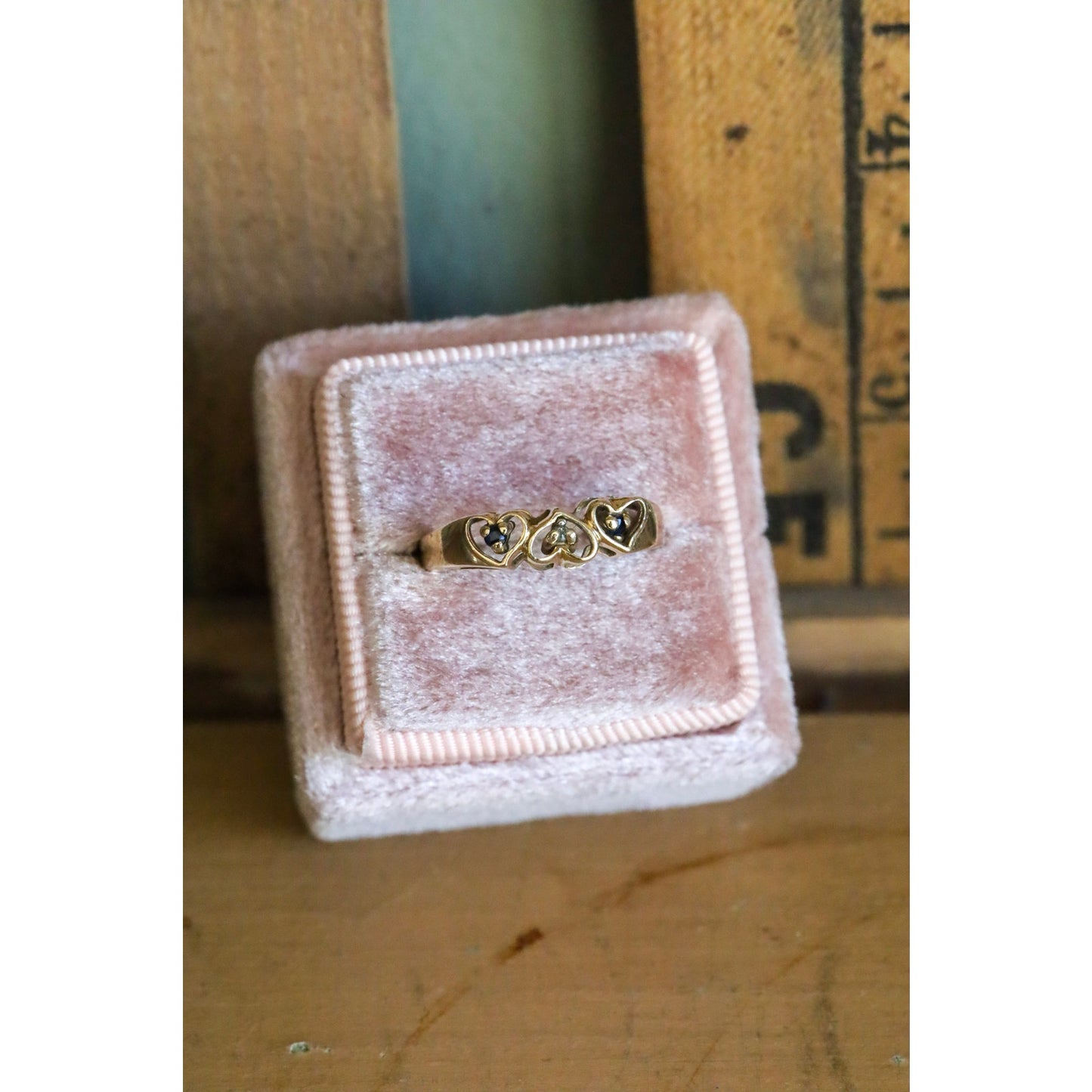 Vintage 10K Yellow Gold Heart Band Set with Sapphire and Diamond