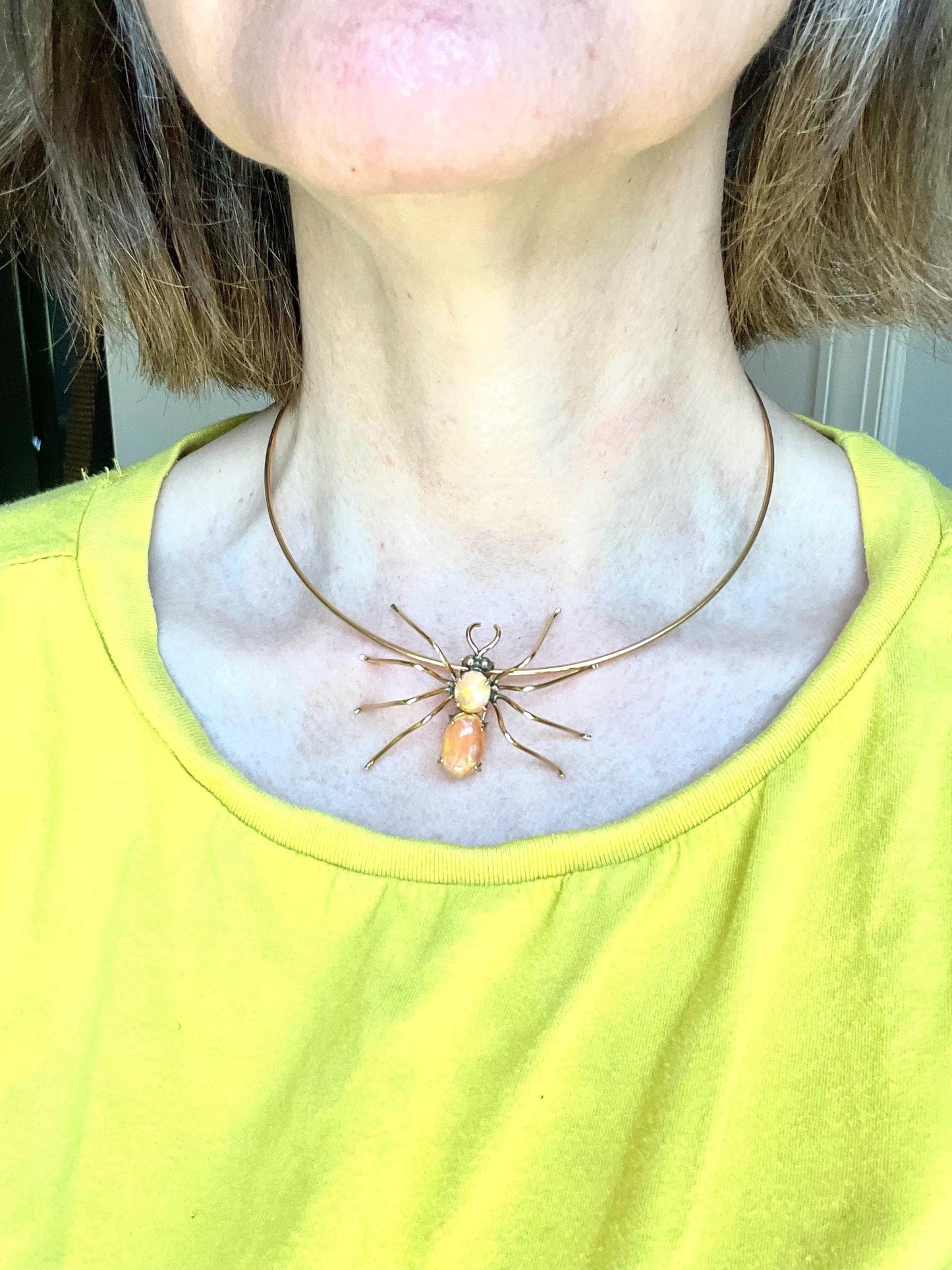 Vintage 14K Yellow Gold Mexican Opal Spider Pendant