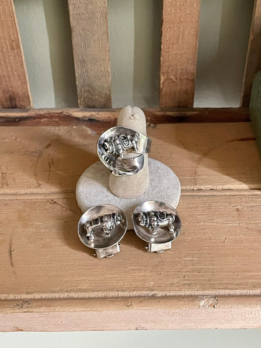 Graziella Laffi Oxen Set in Sterling Silver Ring and Earrings Mid-Century