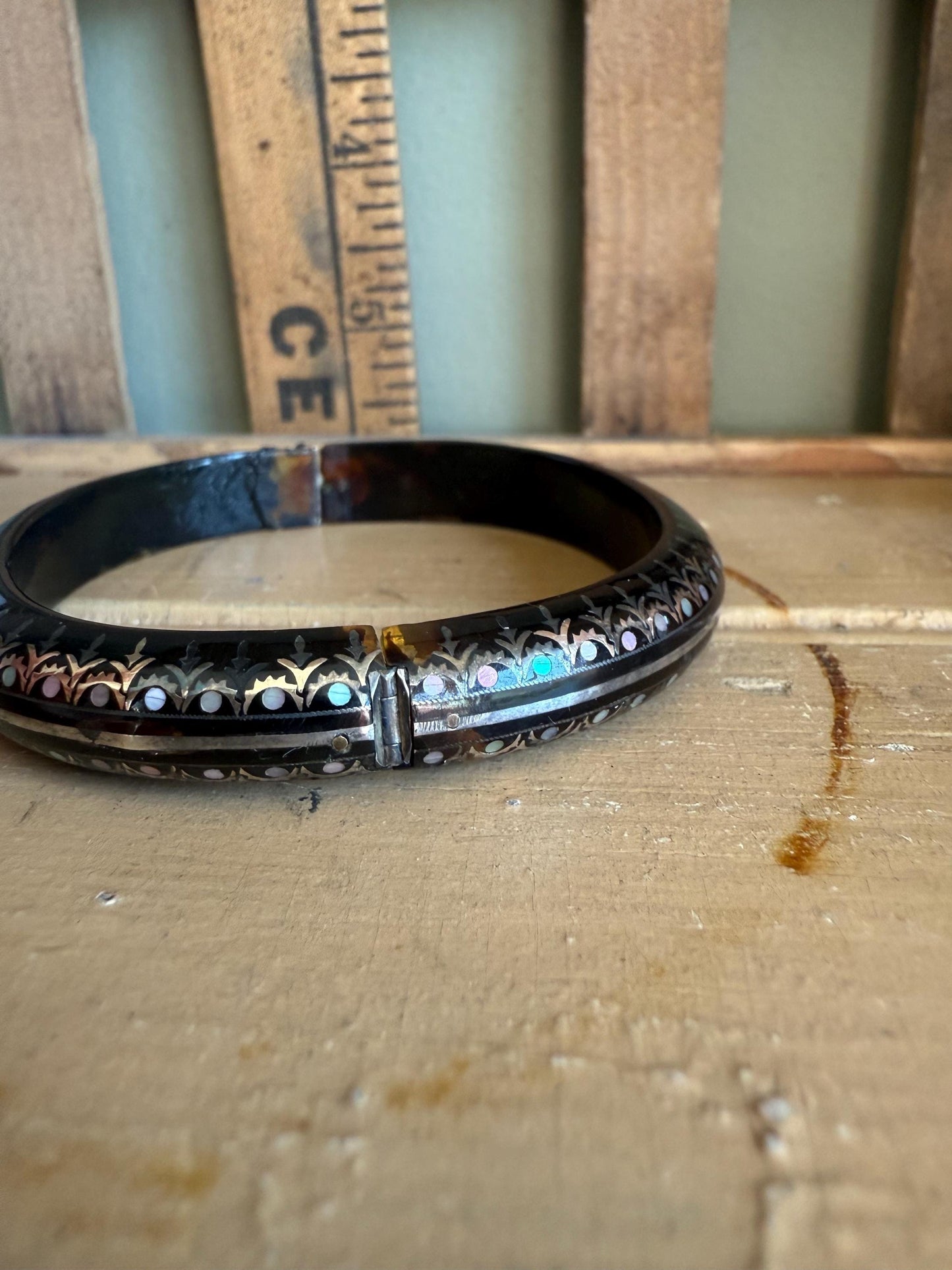 Antique Victorian Silver and Mother of Pearl Pique Inlay Bracelet