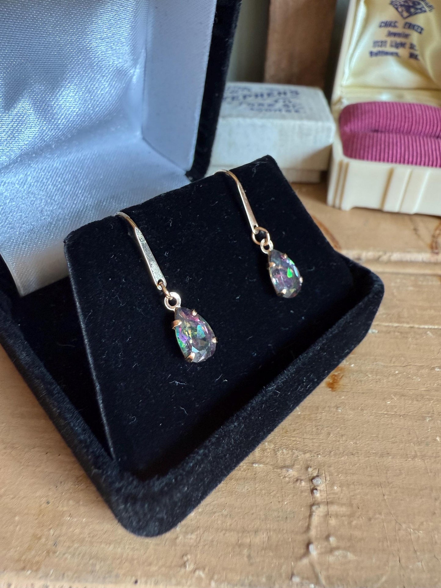 14K Yellow Gold Pear Shape Mystic Topaz Dangling on French Hooks