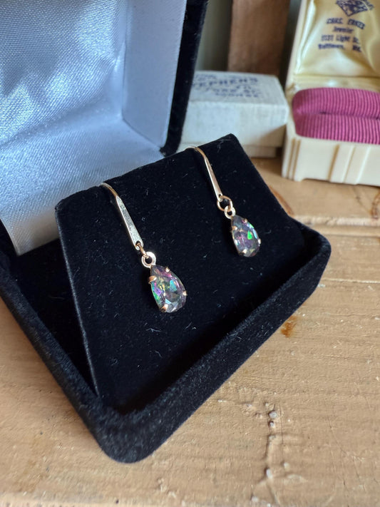 14K Yellow Gold Pear Shape Mystic Topaz Dangling on French Hooks