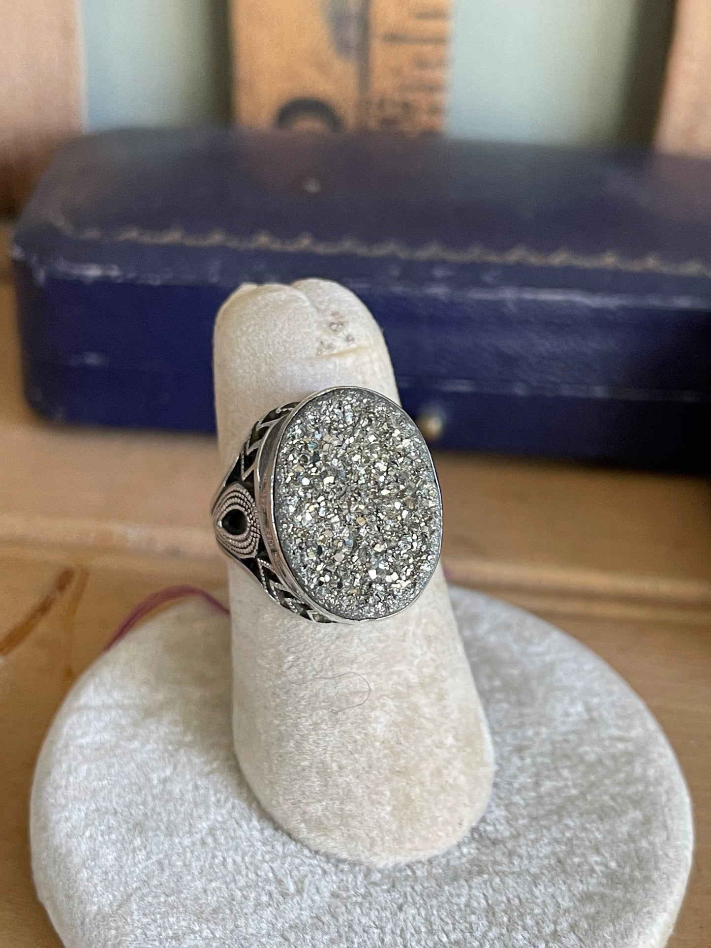 Vintage Filigree Sterling Silver Pyrite Druzy Ring - Size 5.25