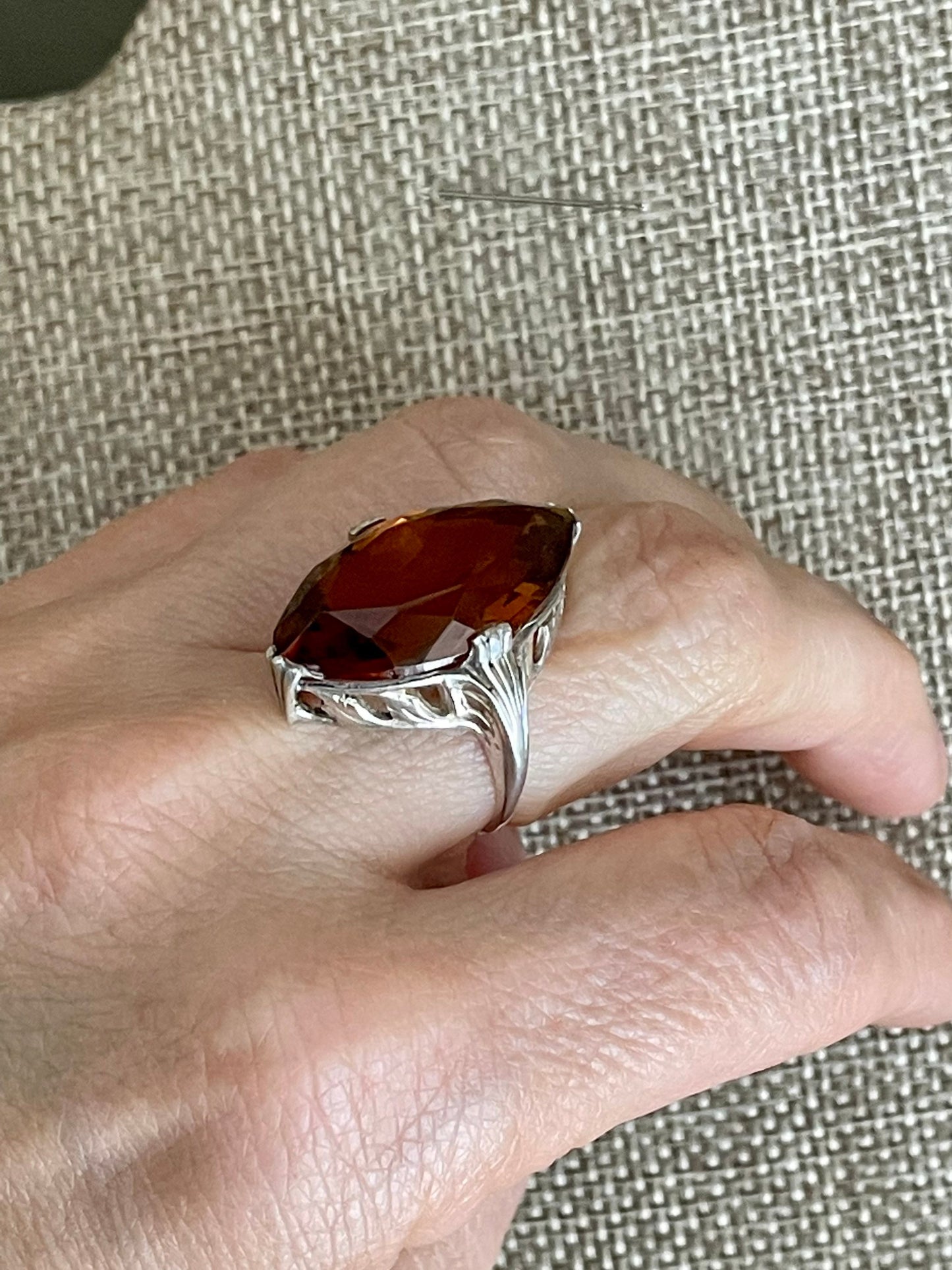 1920-1930 Art Deco Sterling Silver Glass Marquis Citrine Color Glass Ring