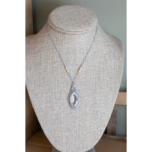 c1930 Art Deco Rhodium Plated Filigree Glass Set Necklace