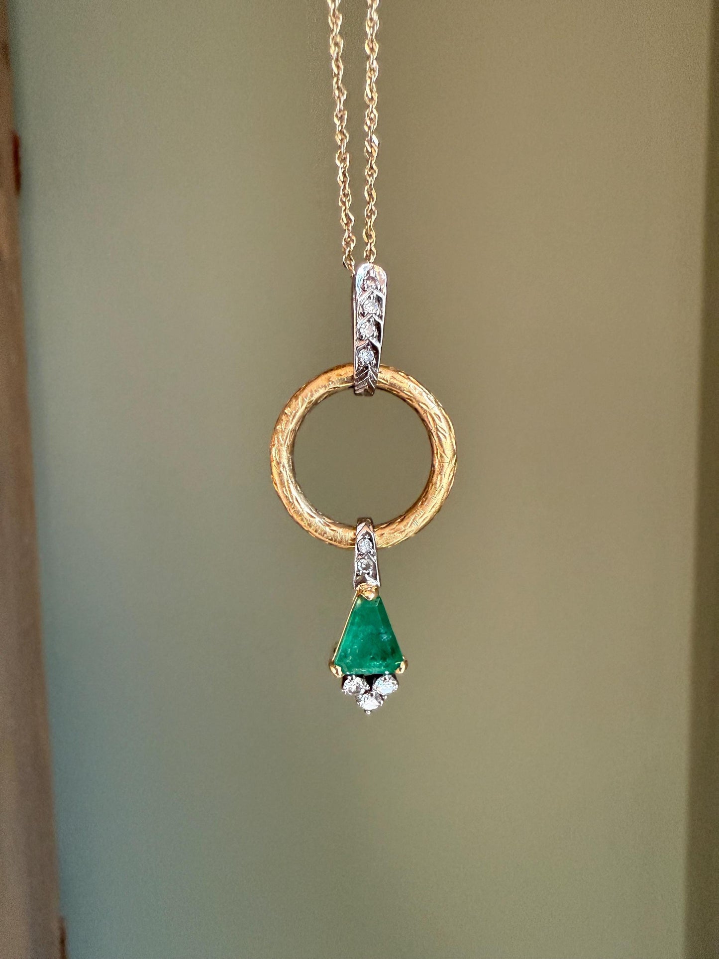 Custom Designed Natural Emerald and Diamond 18K Pendant on a 14K Yellow Gold Chain