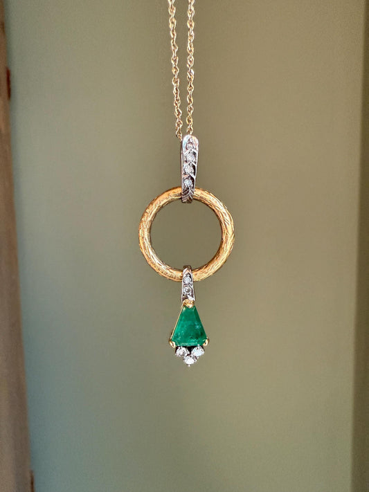 Custom Designed Natural Emerald and Diamond 18K Pendant on a 14K Yellow Gold Chain