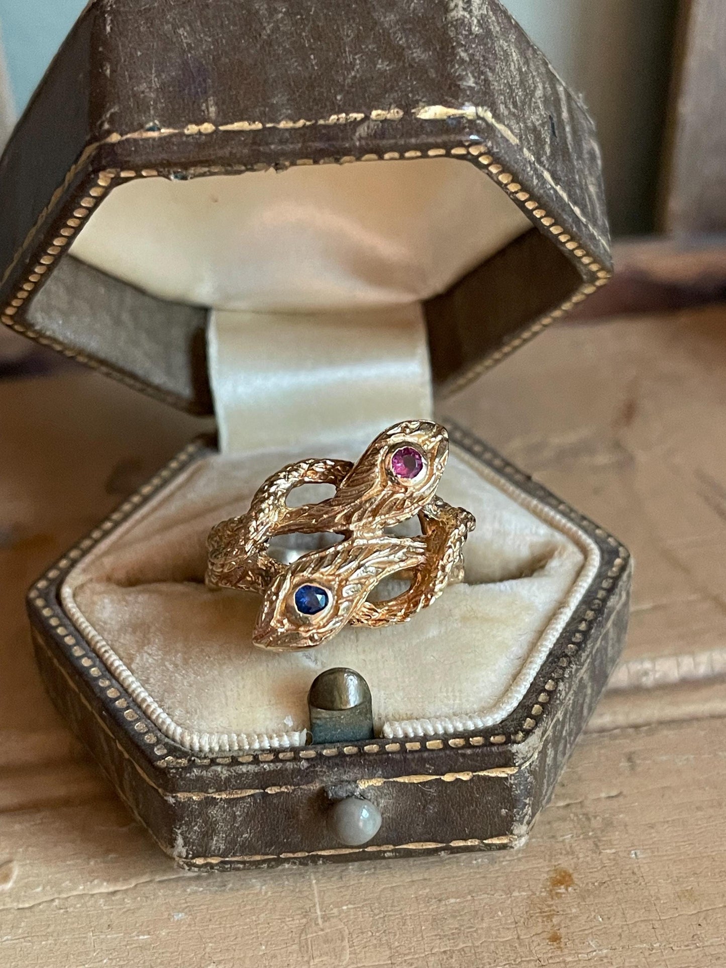 14k Yellow Gold Double Snake Ring with Sapphire and Ruby Set Heads