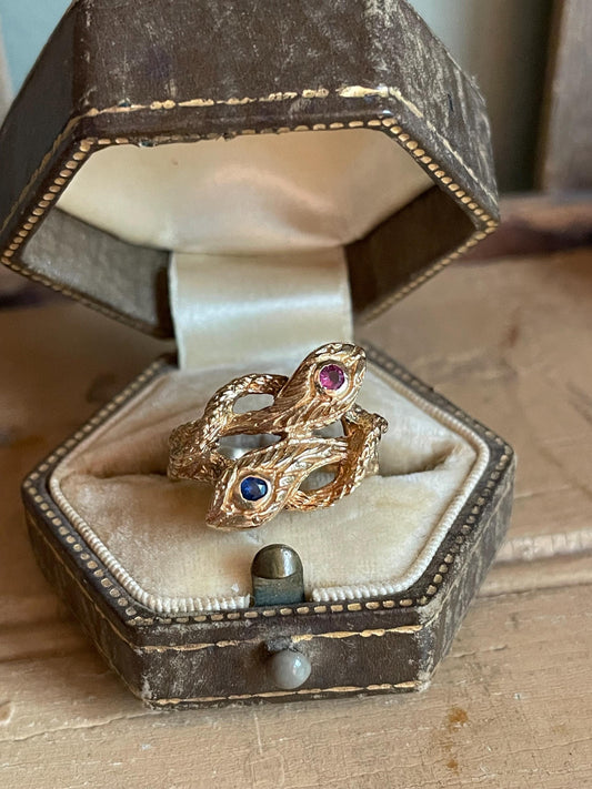 14k Yellow Gold Double Snake Ring with Sapphire and Ruby Set Heads