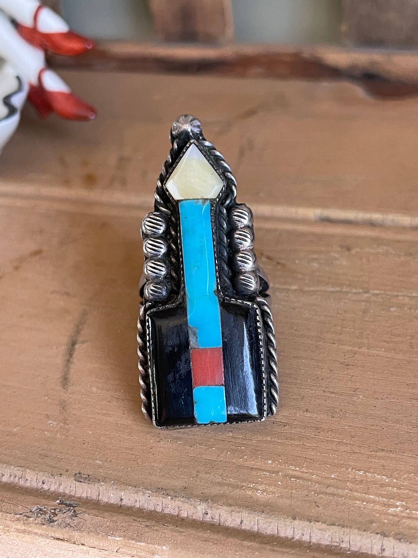 1920-1950 John Gordon Leek Zuni Inlay Arrow Ring Sterling Silver