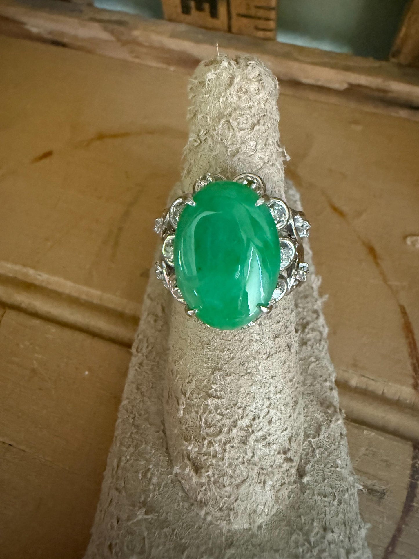 A GIA Certified Natural 8 Carat Plus Jadeite Jade Set in 14K White Gold Diamond Ring