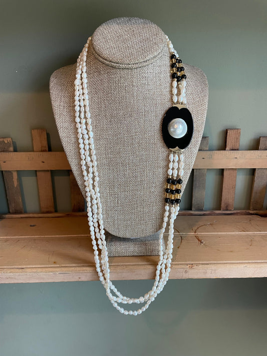 c1990 14K Yellow Gold Onyx, Mabe Pearl & Rice Pearl Multi Strand Necklace