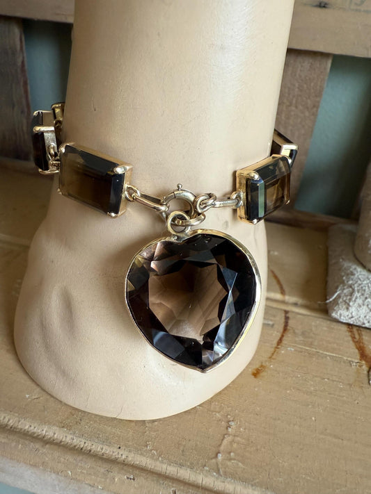 1970's Vintage 14K Yellow Gold Smoky Quartz Link Bracelet with Removable Smoky Quartz Heart