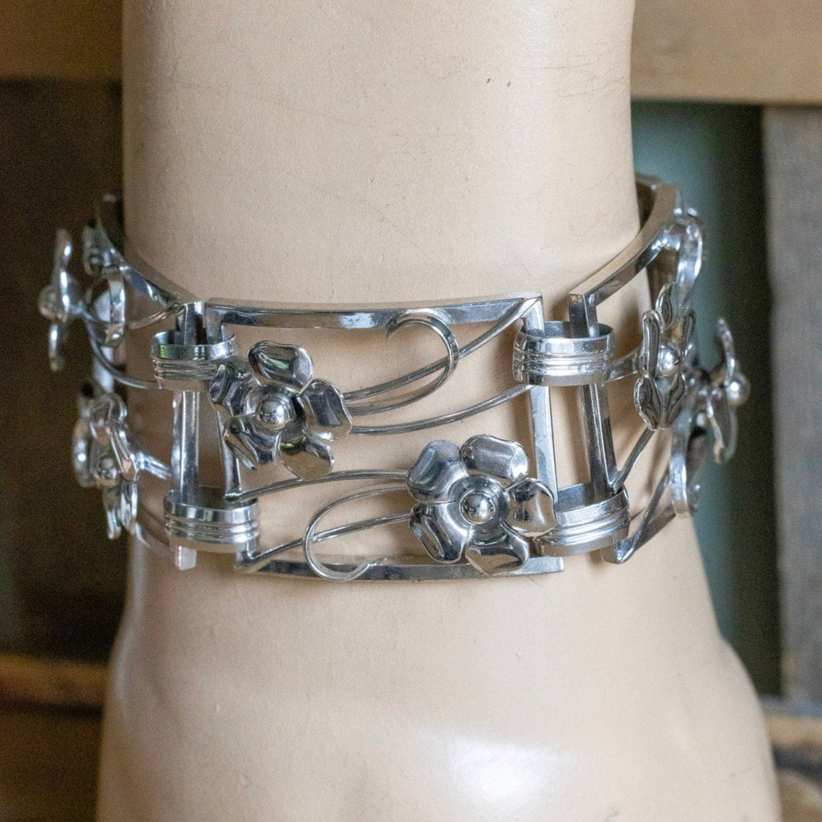 A late 1940's Harry S. Bick & Son Sterling Silver Floral Link Bracelet