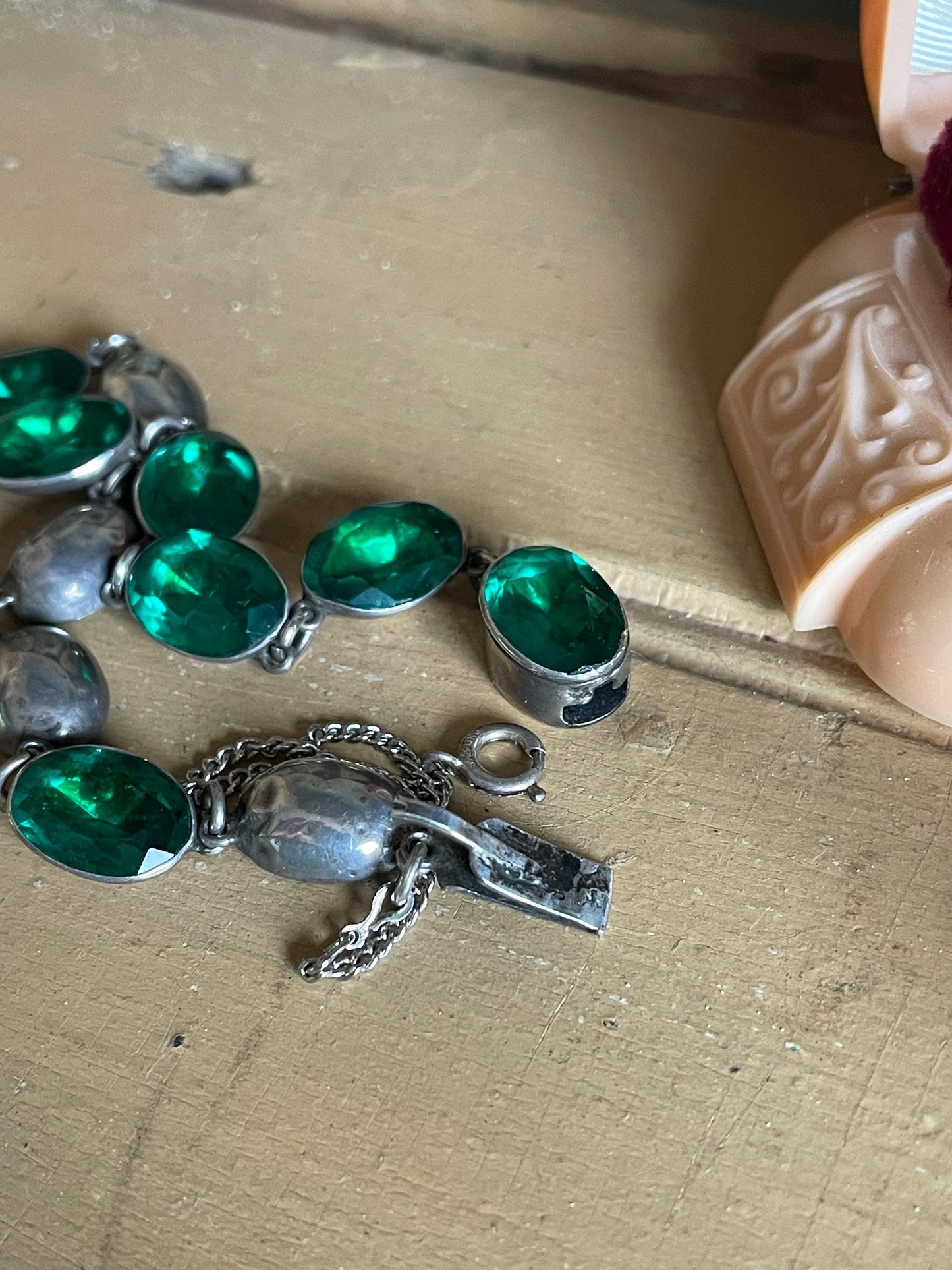 Antique Riviere Green Paste Silver Necklace c1900
