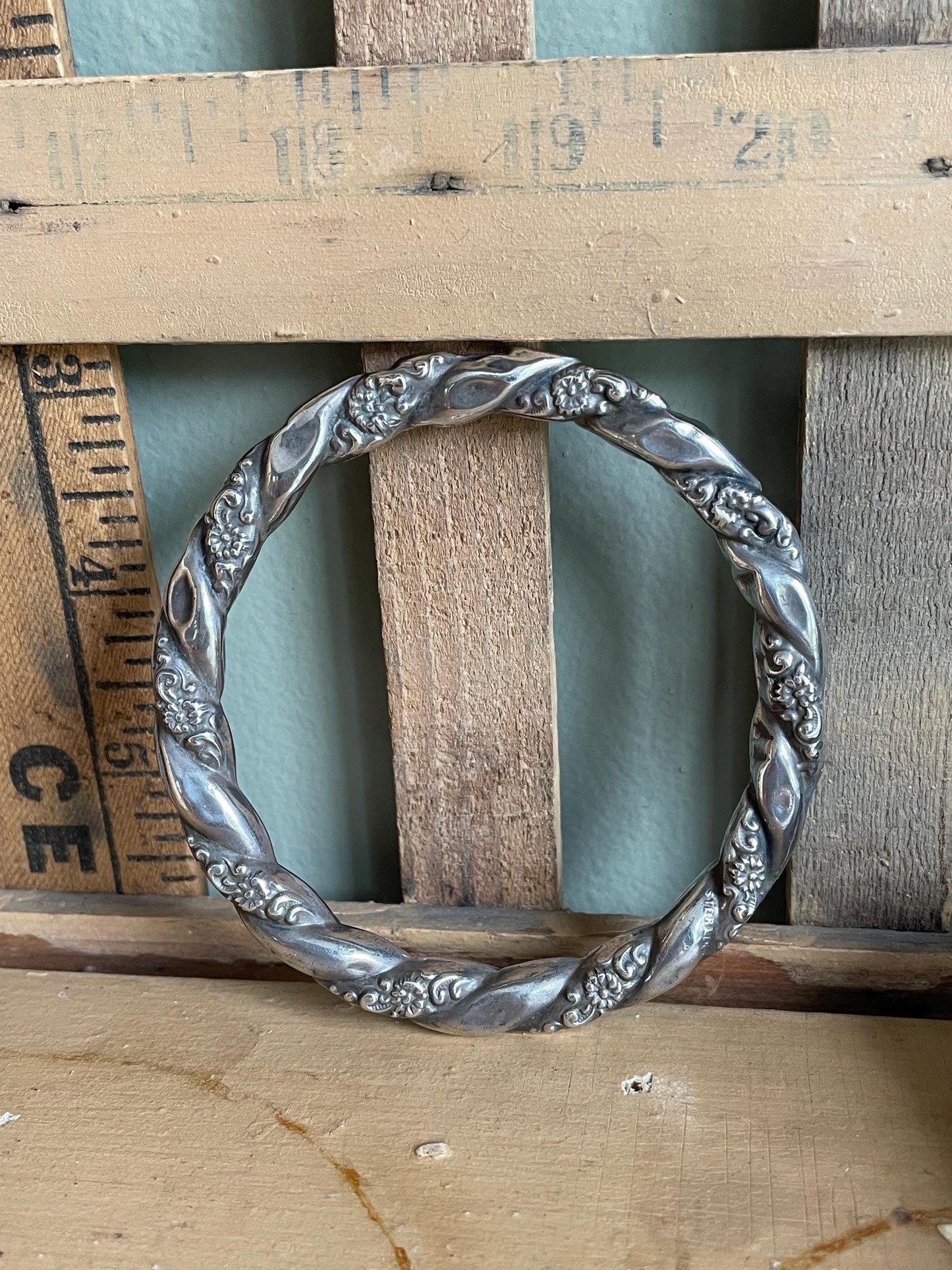 Antique Sterling Silver Repousse Bangle Baby Teether