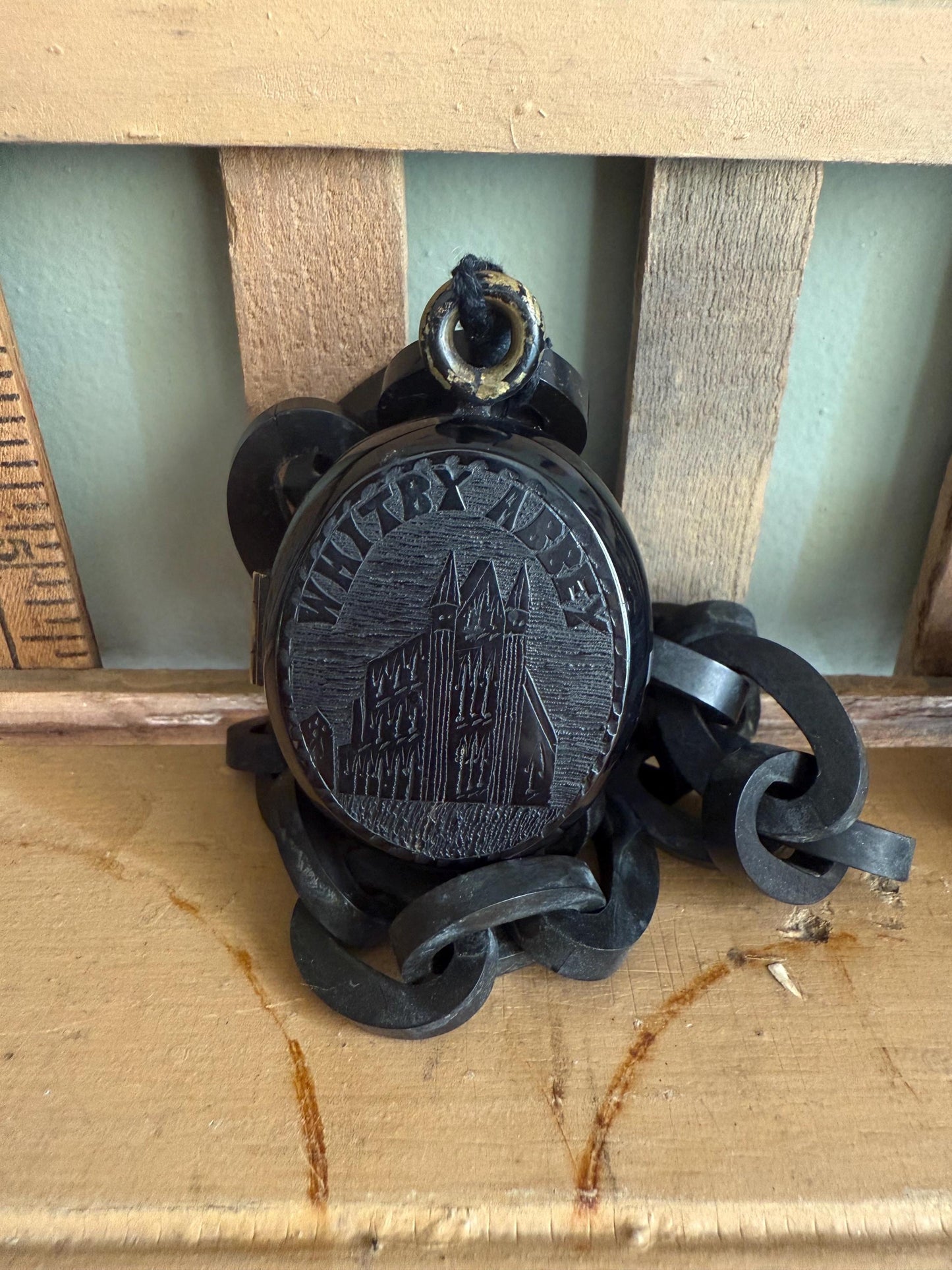 Antique Victorian Hand Carved Whitby Jet Huge Locket on Chain