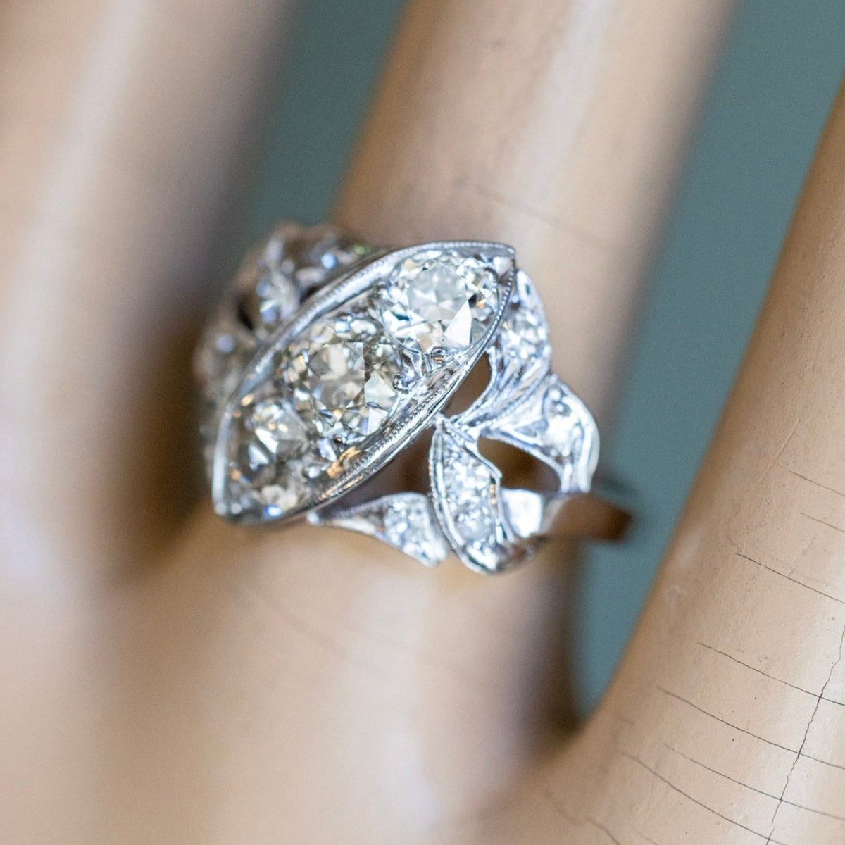 Vintage 14K White Gold Mine Cut and Old European Cut Natural Diamond Ring