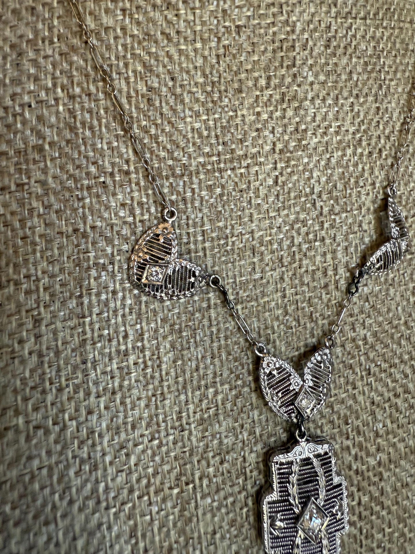 Vintage Art Deco 14K White Gold Filigree Diamond Set Necklace