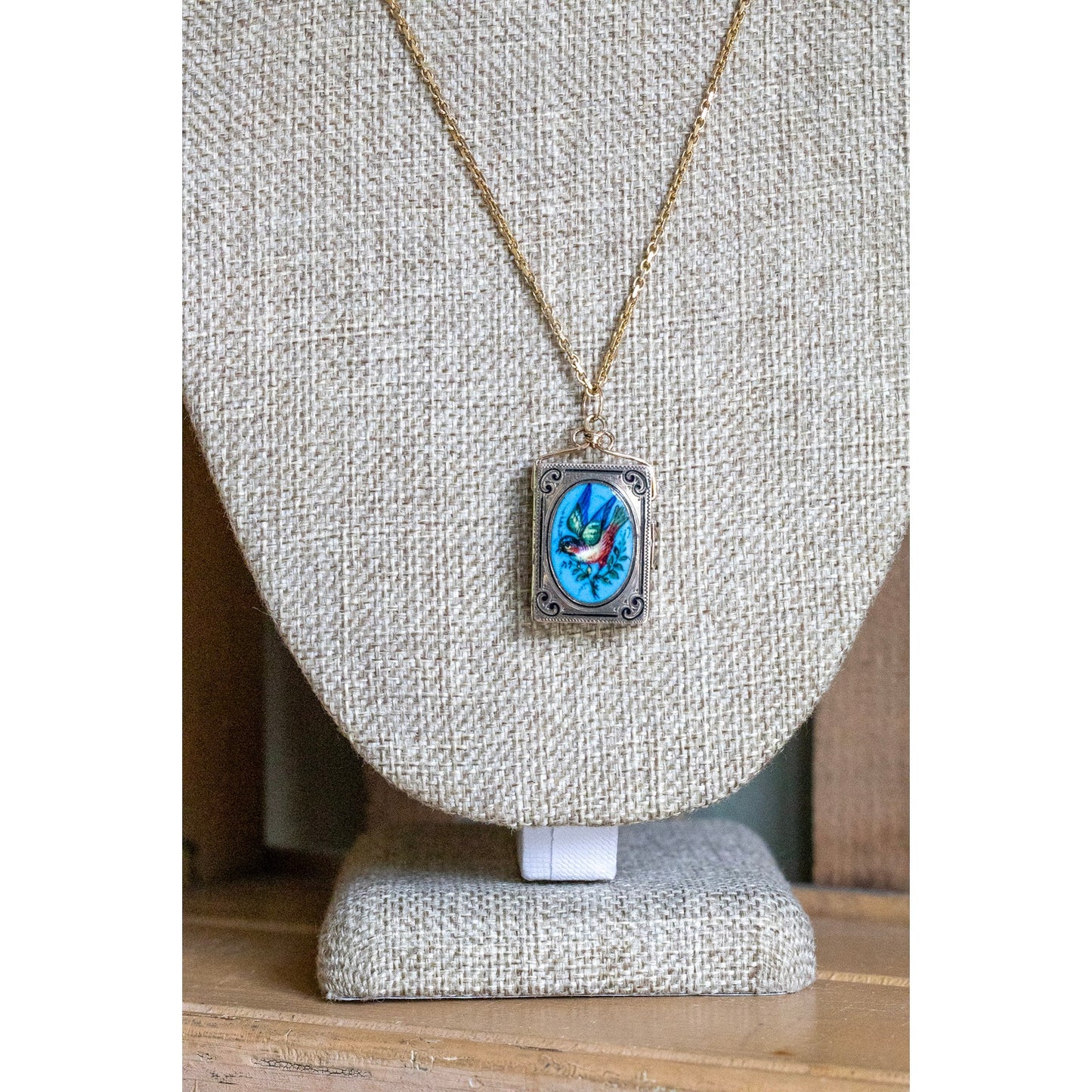 Rare Antique Hand Enameled Bird Book Locket Dating to the Victorian Era