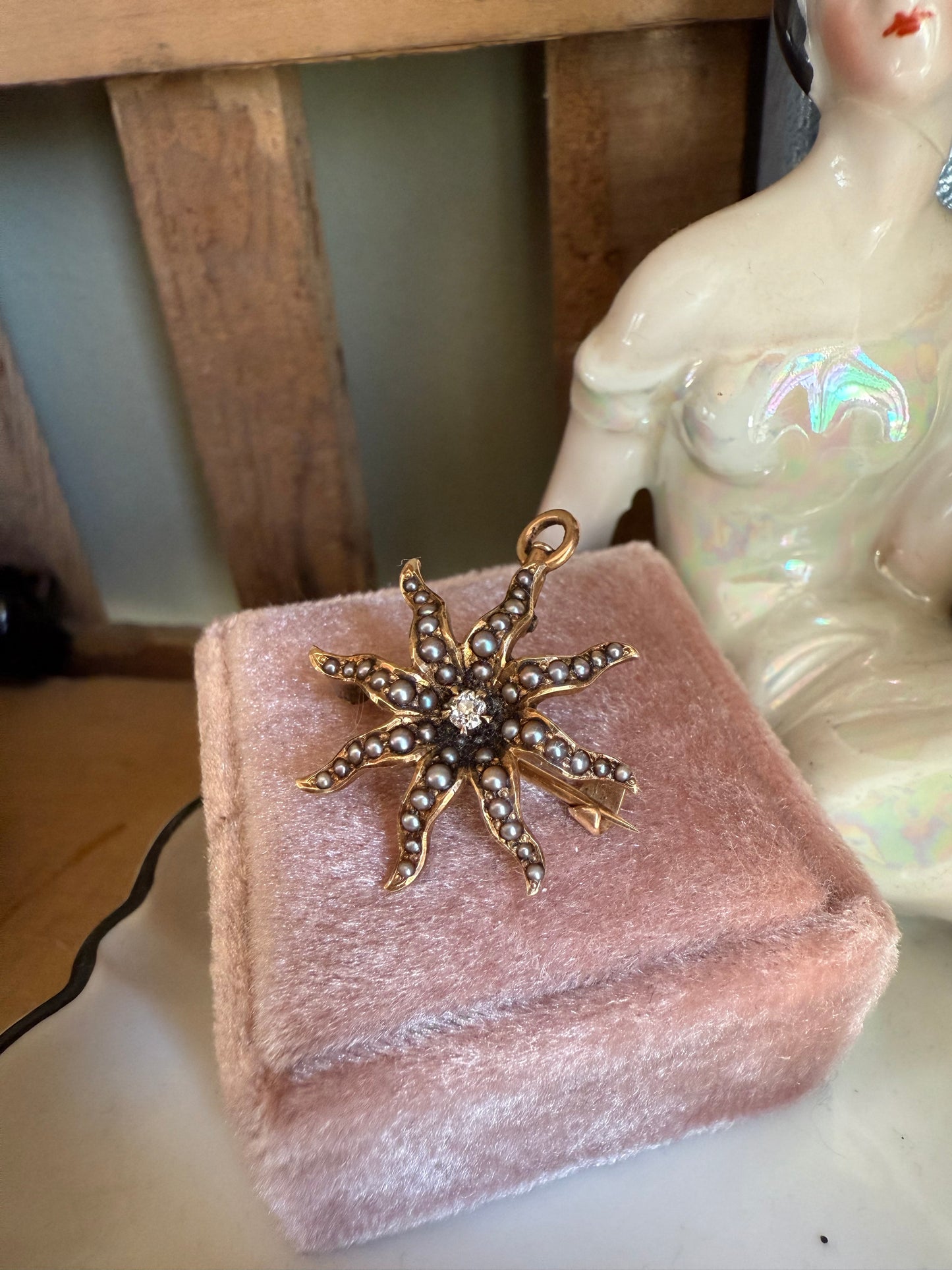 Victorian Antique Natural Seed Pearl and Diamond Star Burst Brooch Pendant