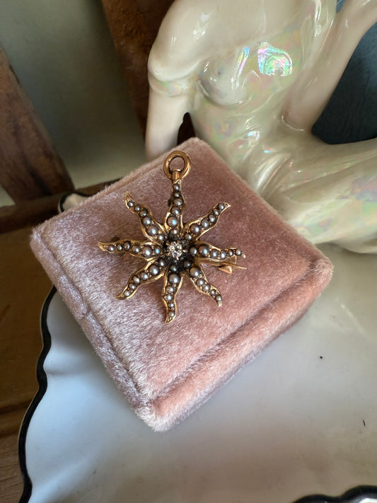 Victorian Antique Natural Seed Pearl and Diamond Star Burst Brooch Pendant