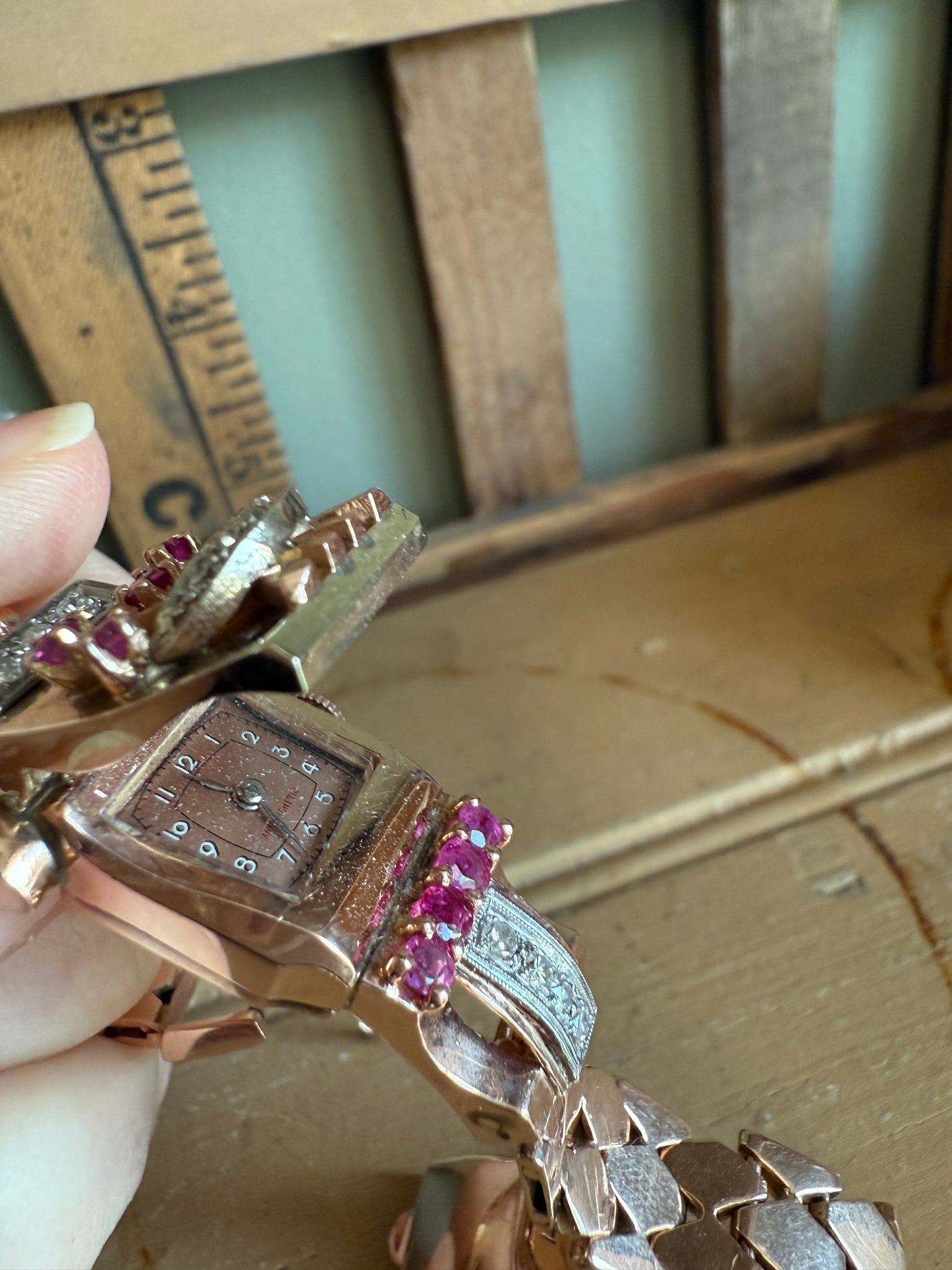 Vintage 1930’s 14K Rose, Green and White Gold Art Deco Ruby and Diamond Surprise Watch