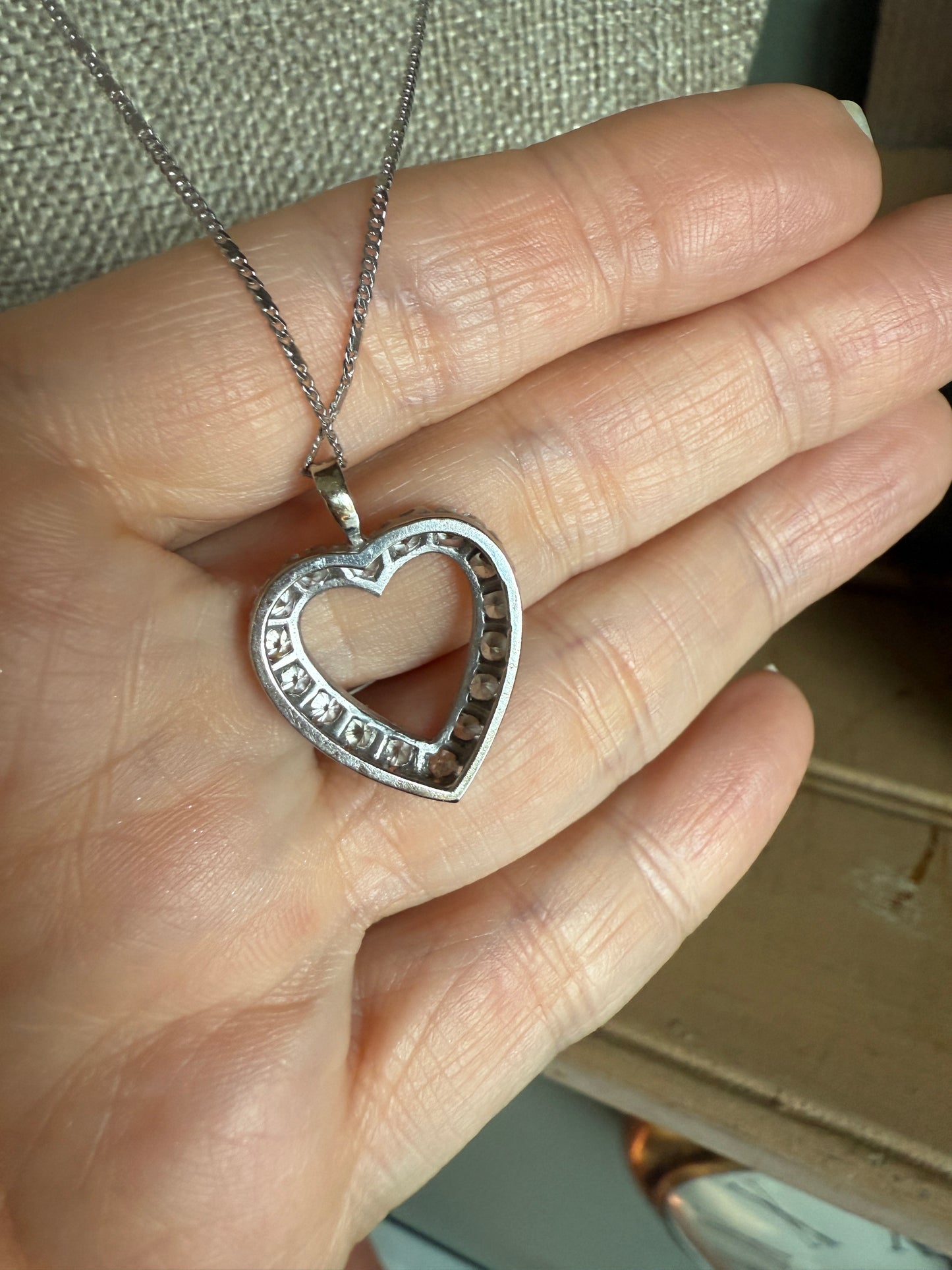 1950's Vintage 10K White Gold Diamond Set Heart Pendant on 10K White Gold Chain