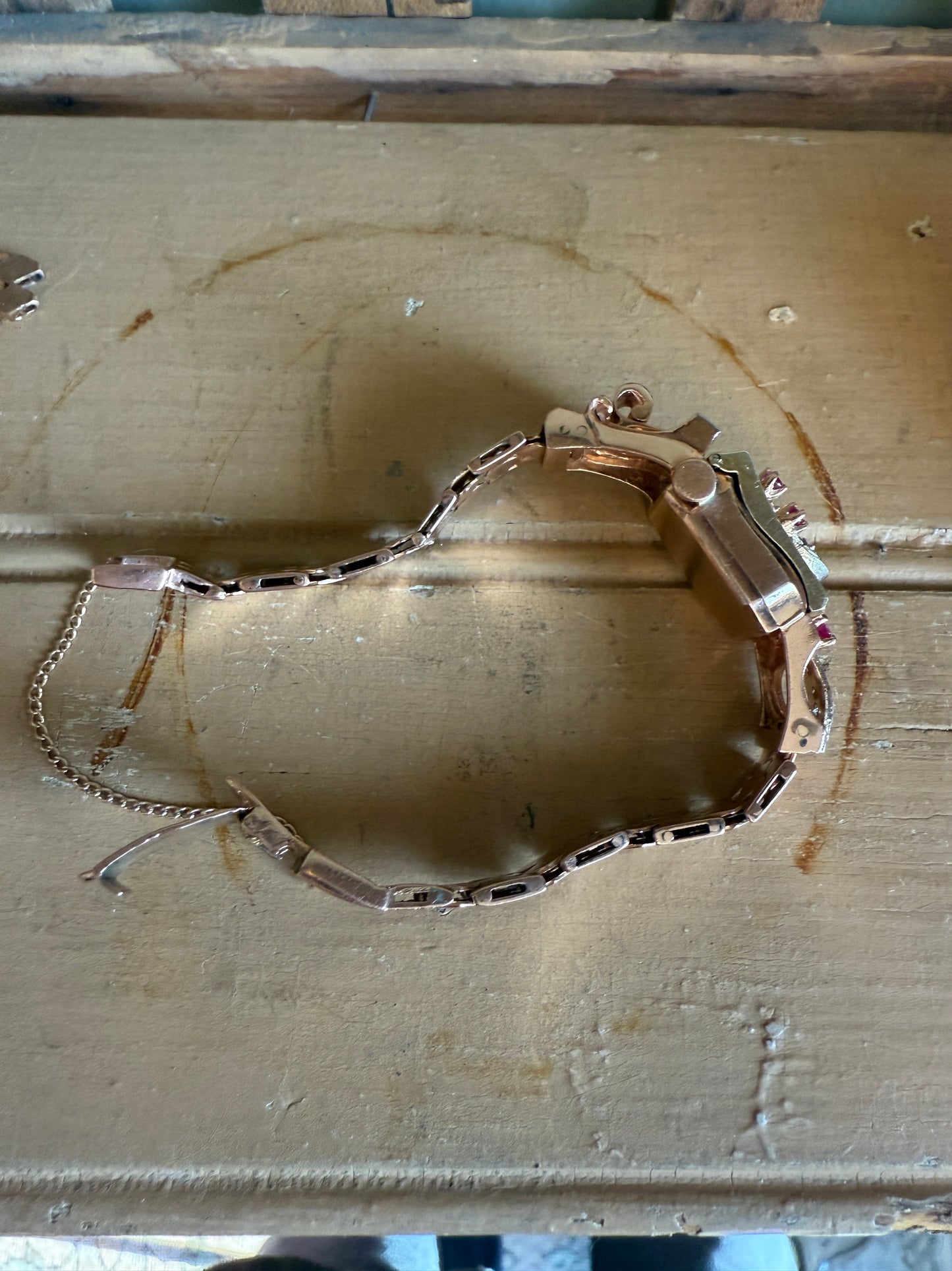 Vintage 1930’s 14K Rose, Green and White Gold Art Deco Ruby and Diamond Surprise Watch