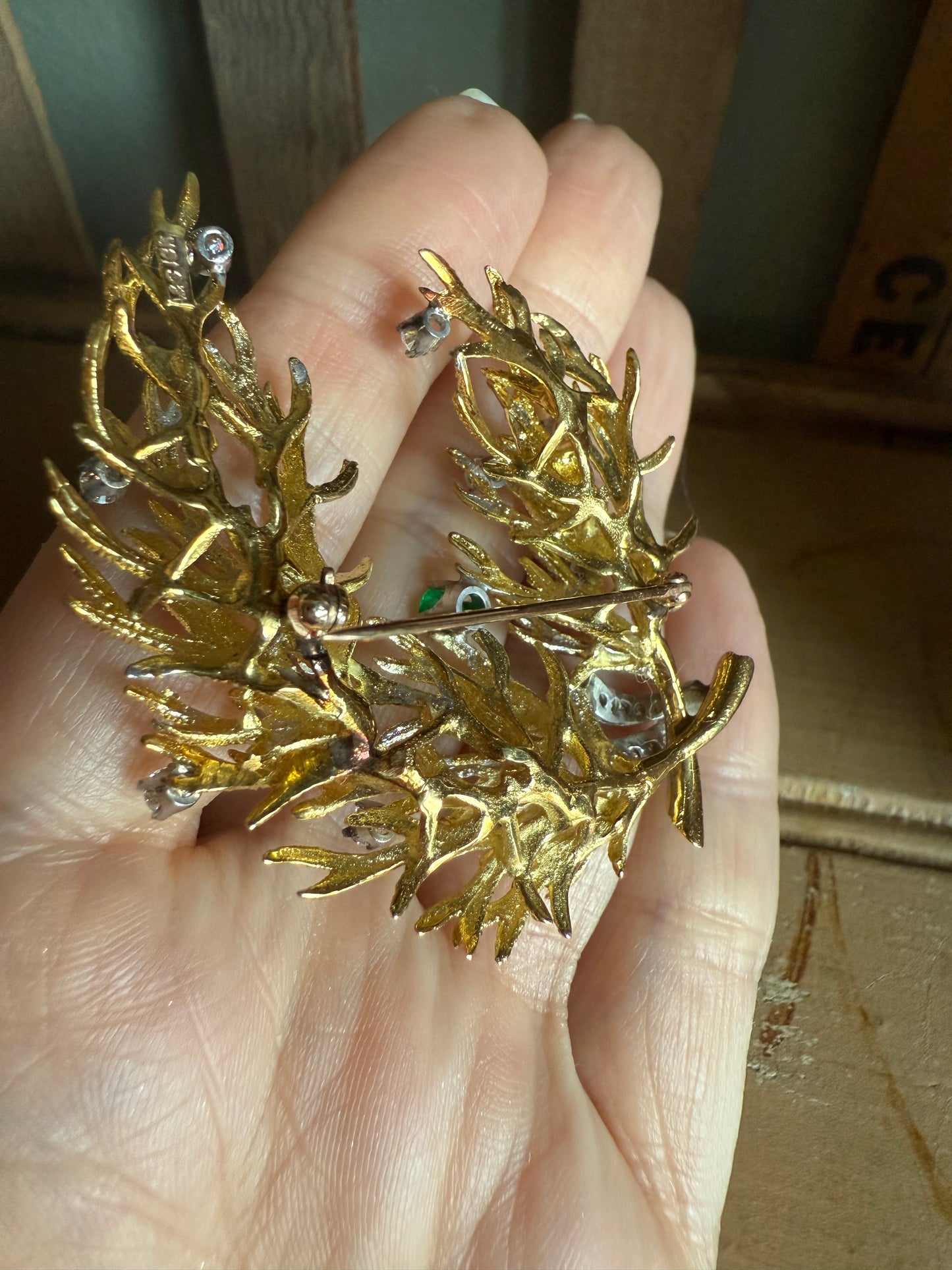 C1960 18K Yellow and White Gold Diamond and Emerald Spray Brooch by Arnold & Steere Co.