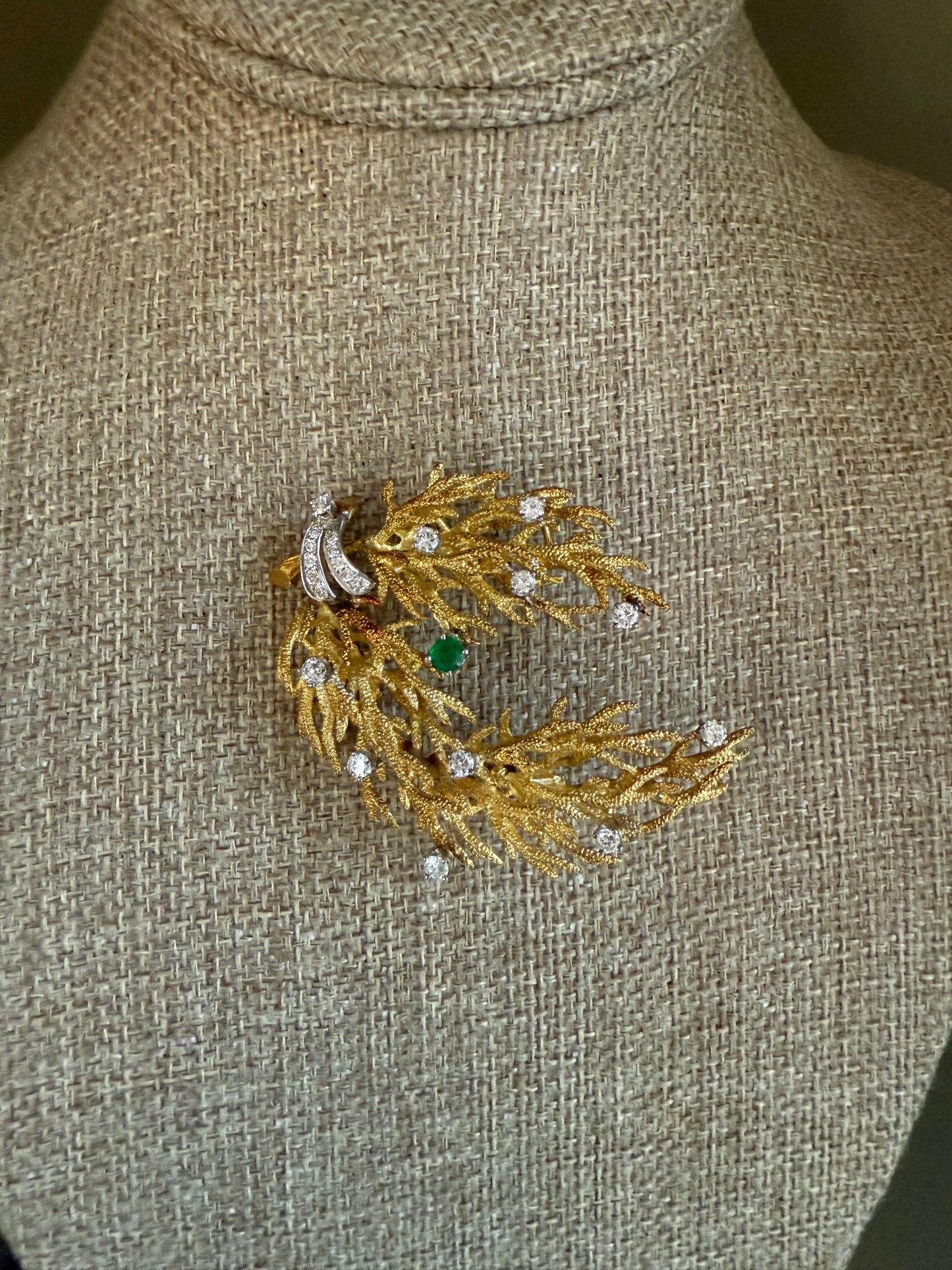 C1960 18K Yellow and White Gold Diamond and Emerald Spray Brooch by Arnold & Steere Co.